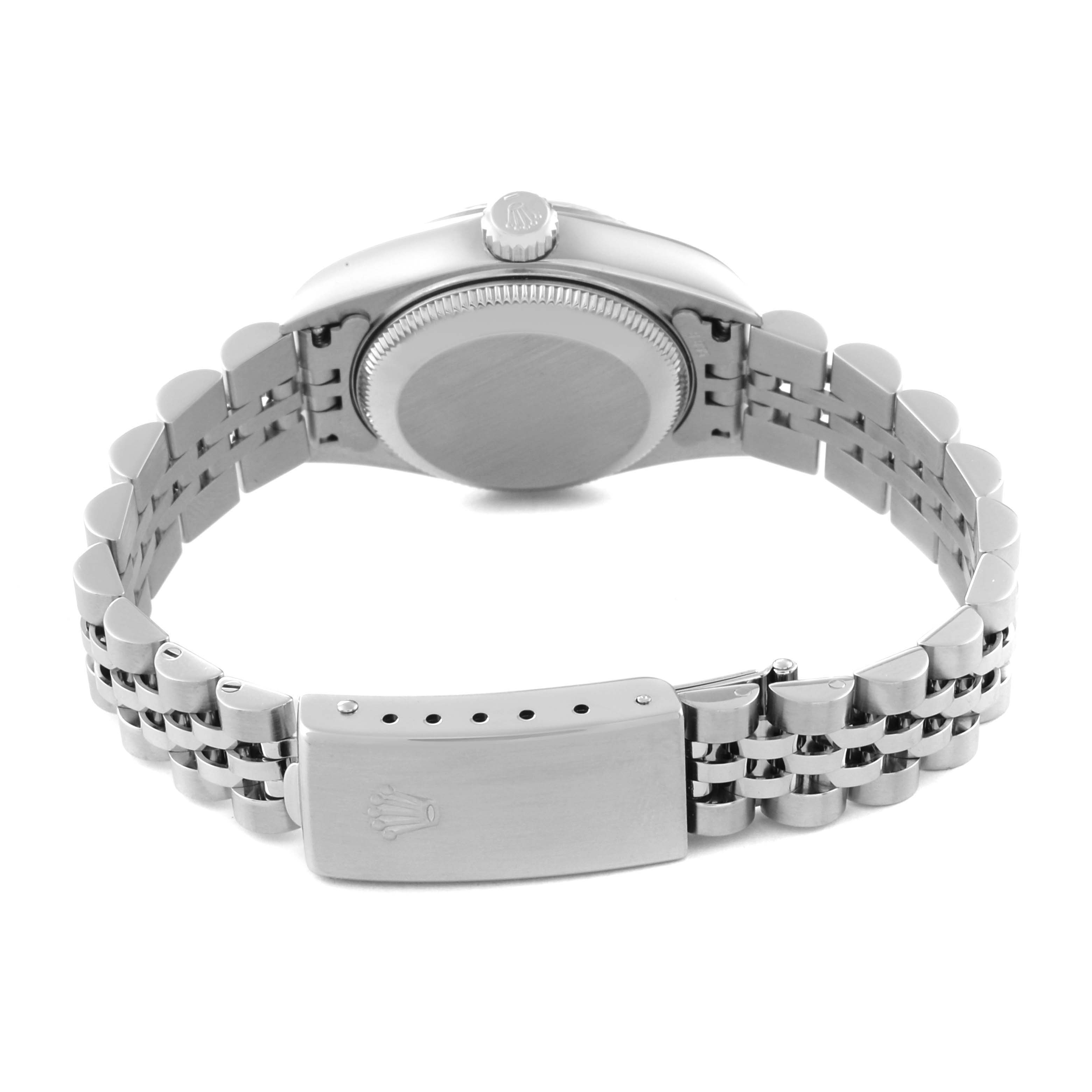 This image shows the back view of Rolex Datejust 79174 Women's Stainless Steel Mother of Pearl Dial 79174 Women's Stainless Steel Mother of Pearl Dial watch, focusing on its case, crown, and Jubilee bracelet with clasp.