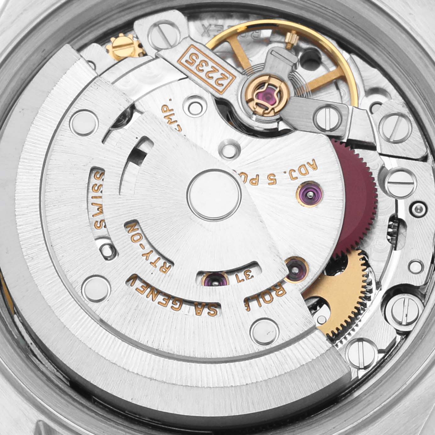 This image shows the intricate movement and inner workings of a Rolex Datejust 79174 Women's Stainless Steel Mother of Pearl Dial 79174 Women's Stainless Steel Mother of Pearl Dial watch from a close-up, top-down angle.