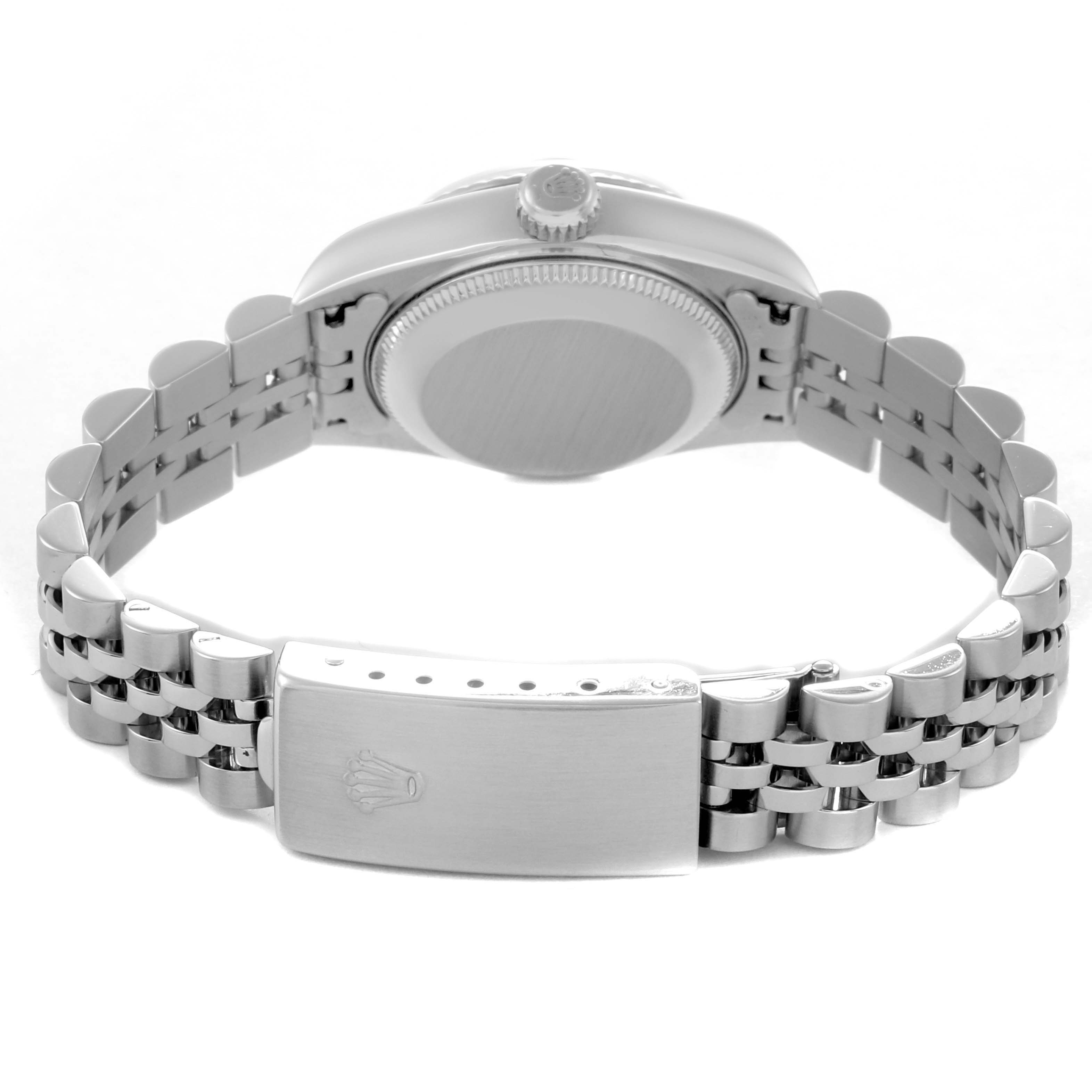 The image shows the back and side view of a Rolex Datejust 79174 Women's Stainless Steel Mother of Pearl Dial 79174 Women's Stainless Steel Mother of Pearl Dial watch, highlighting its bracelet and clasp.