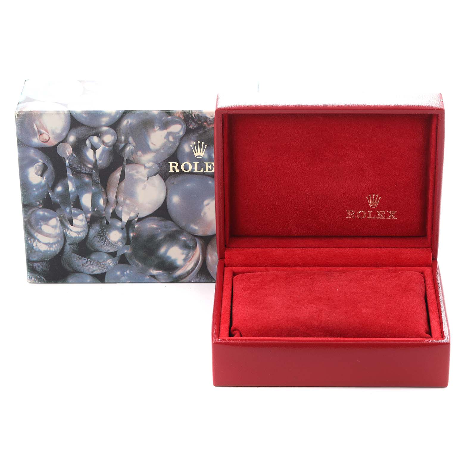 The image shows a Rolex Datejust 79174 Women's Stainless Steel Mother of Pearl Dial 79174 Women's Stainless Steel Mother of Pearl Dial watchbox and its packaging, with the box open revealing a red velvet interior.