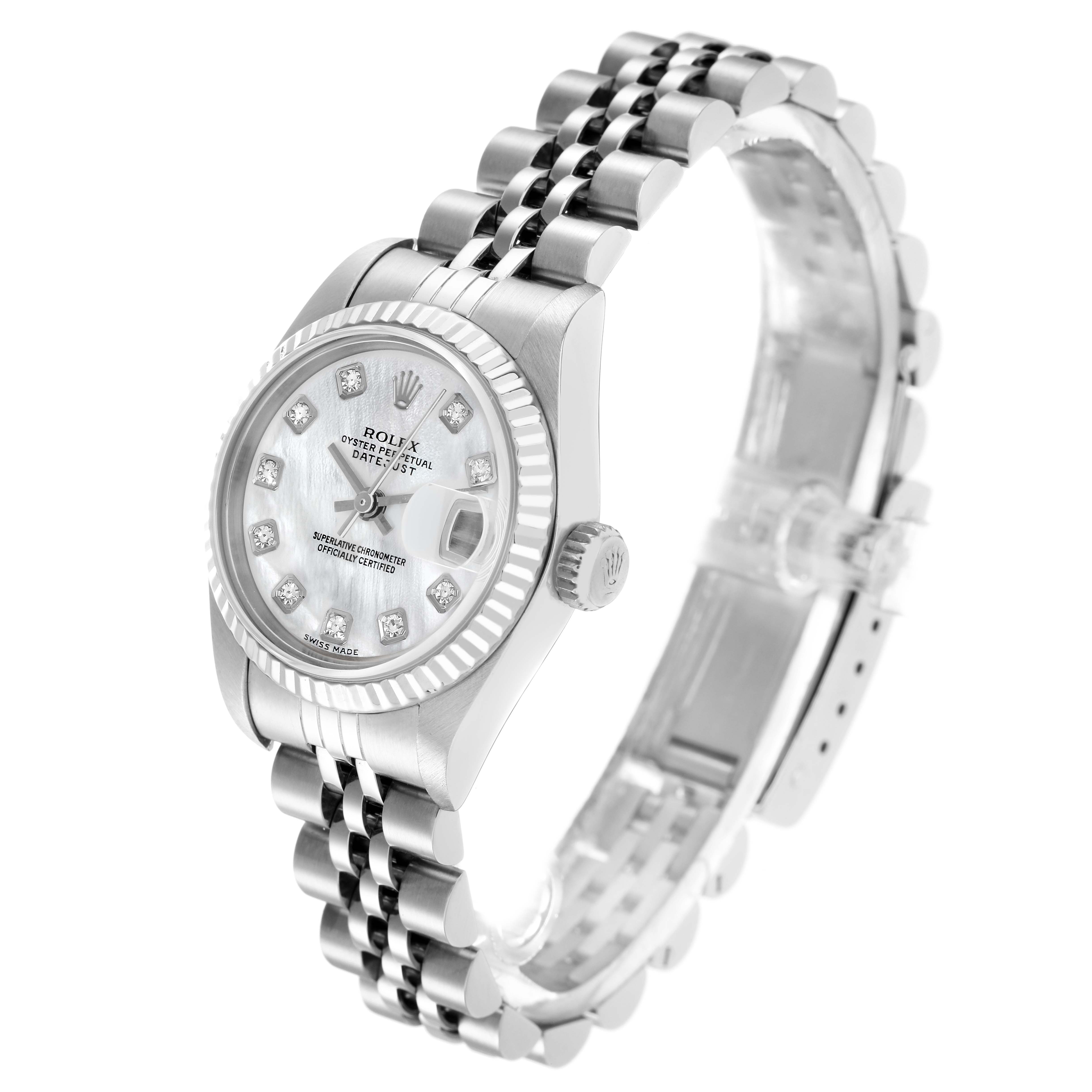 The Rolex Datejust 79174 Women's Stainless Steel Mother of Pearl Dial 79174 Women's Stainless Steel Mother of Pearl Dial watch is angled to show its face, bezel, crown, and jubilee bracelet.