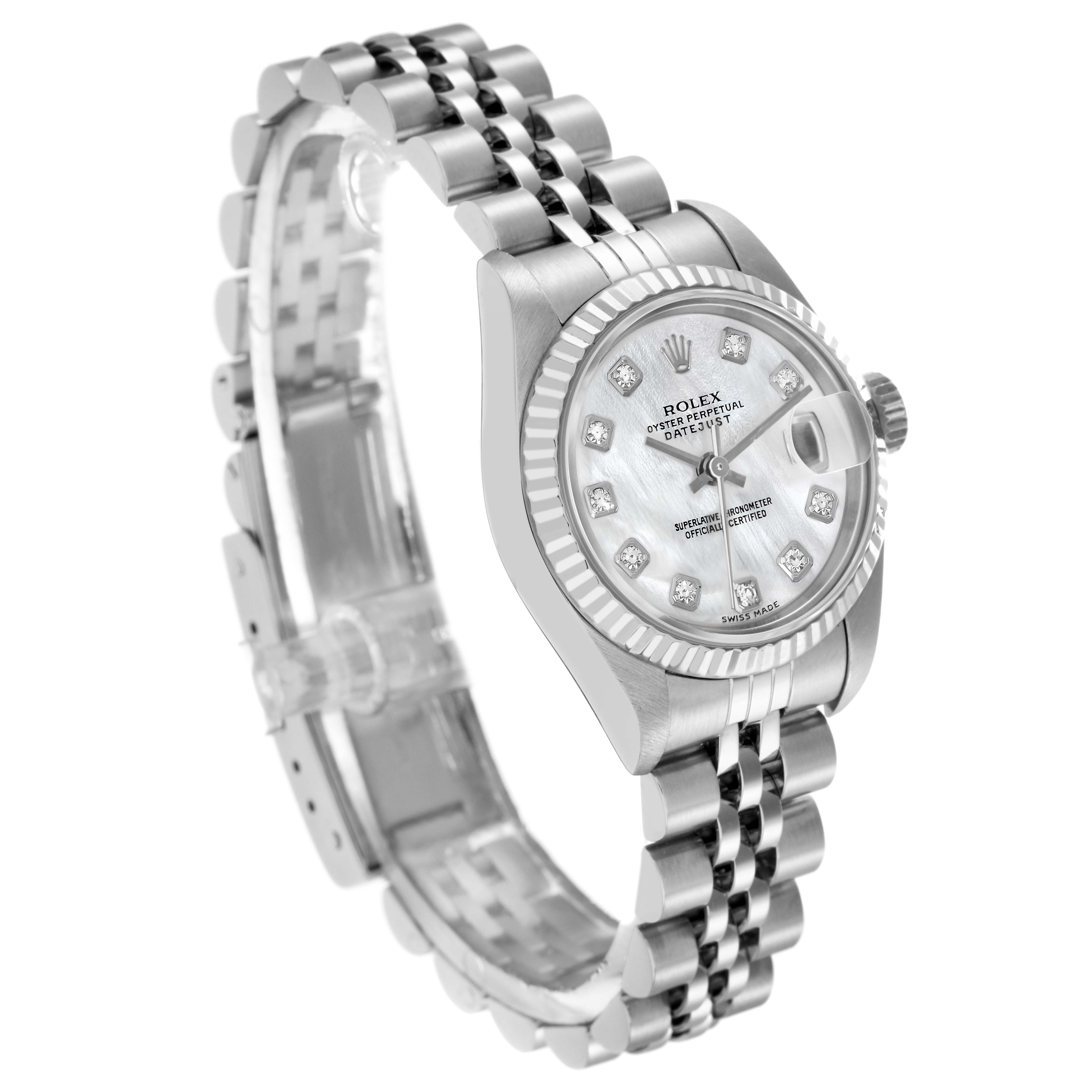 This image shows a Rolex Datejust 79174 Women's Stainless Steel Mother of Pearl Dial 79174 Women's Stainless Steel Mother of Pearl Dial watch at an angled side view, highlighting the dial, bezel, crown, and bracelet.