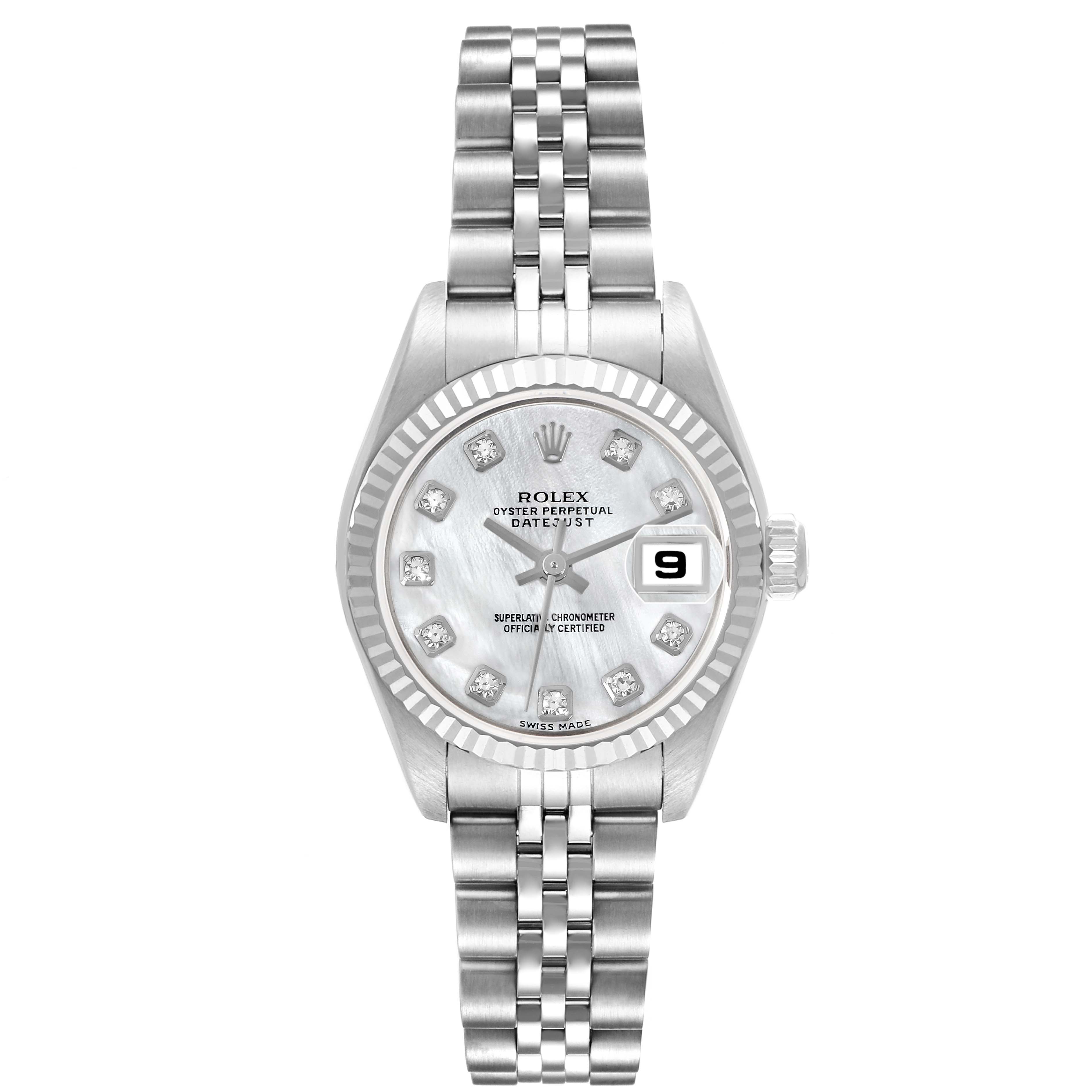 The Rolex Datejust 79174 Women's Stainless Steel Mother of Pearl Dial 79174 Women's Stainless Steel Mother of Pearl Dial watch is shown from a front angle, displaying its face, fluted bezel, and Jubilee bracelet.