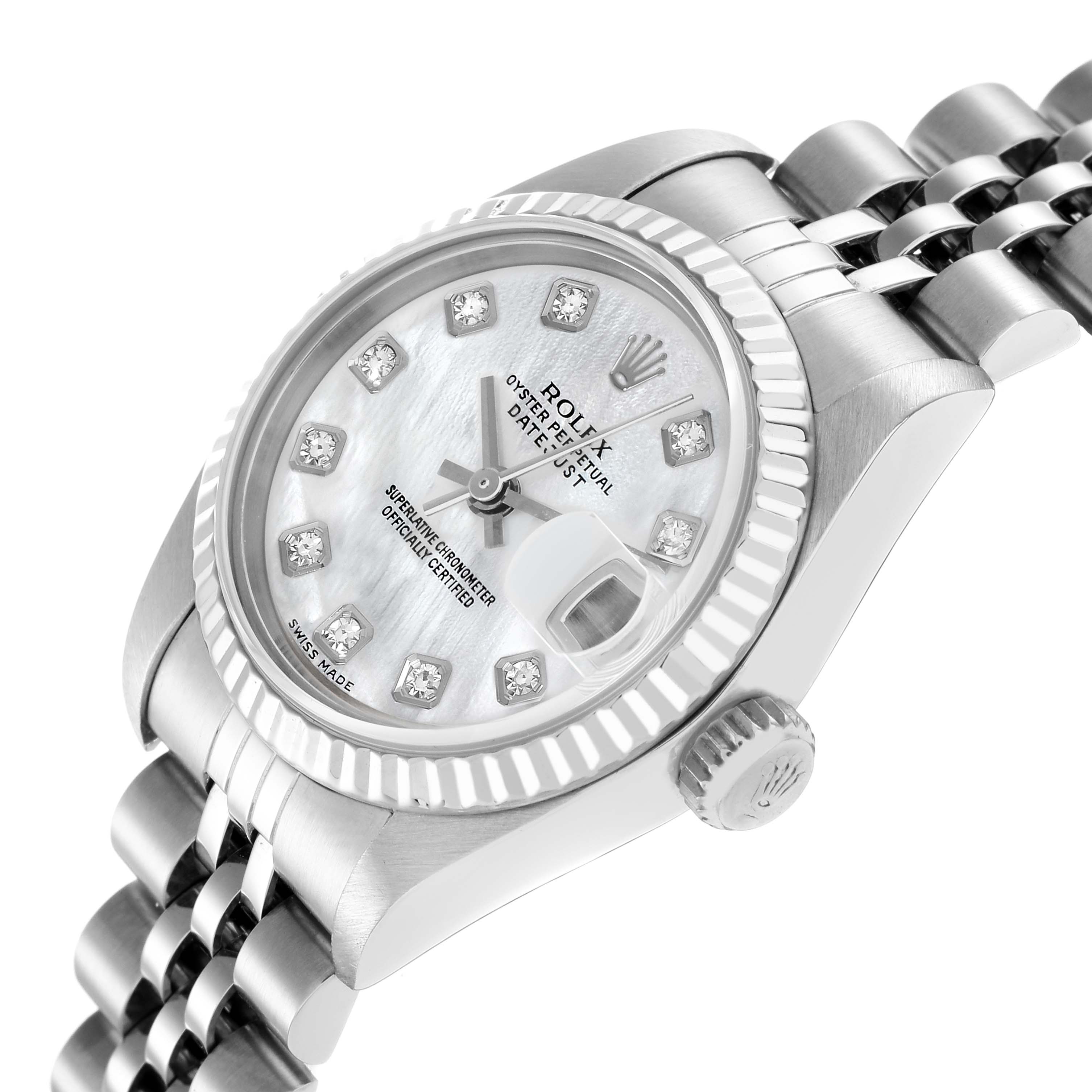 The Rolex Datejust 79174 Women's Stainless Steel Mother of Pearl Dial 79174 Women's Stainless Steel Mother of Pearl Dial watch is shown at a slight angle displaying the dial, fluted bezel, crown, and part of the bracelet.