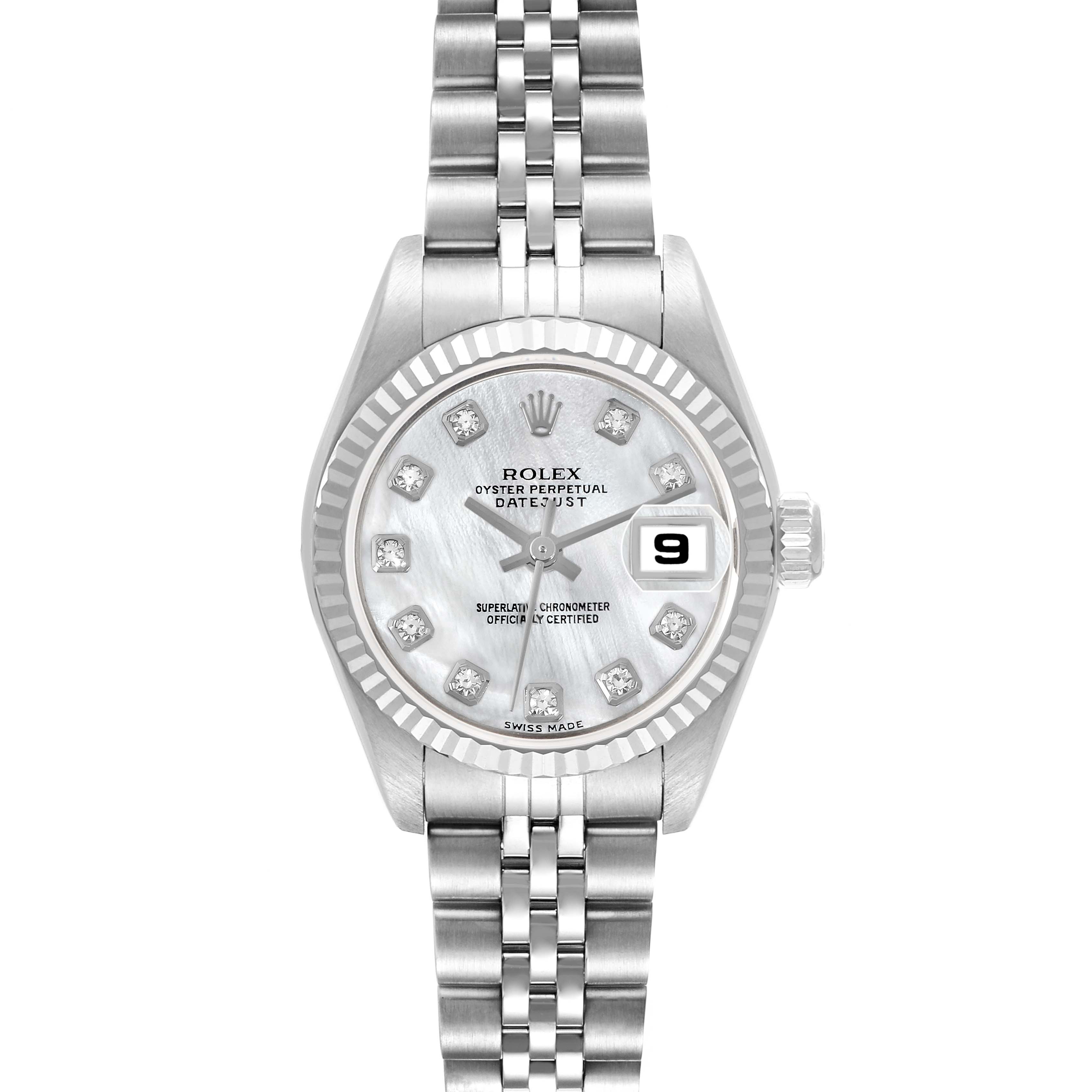 The Rolex Datejust 79174 Women's Stainless Steel Mother of Pearl Dial 79174 Women's Stainless Steel Mother of Pearl Dial watch is shown from a front angle, highlighting its dial, bezel, and Jubilee bracelet.
