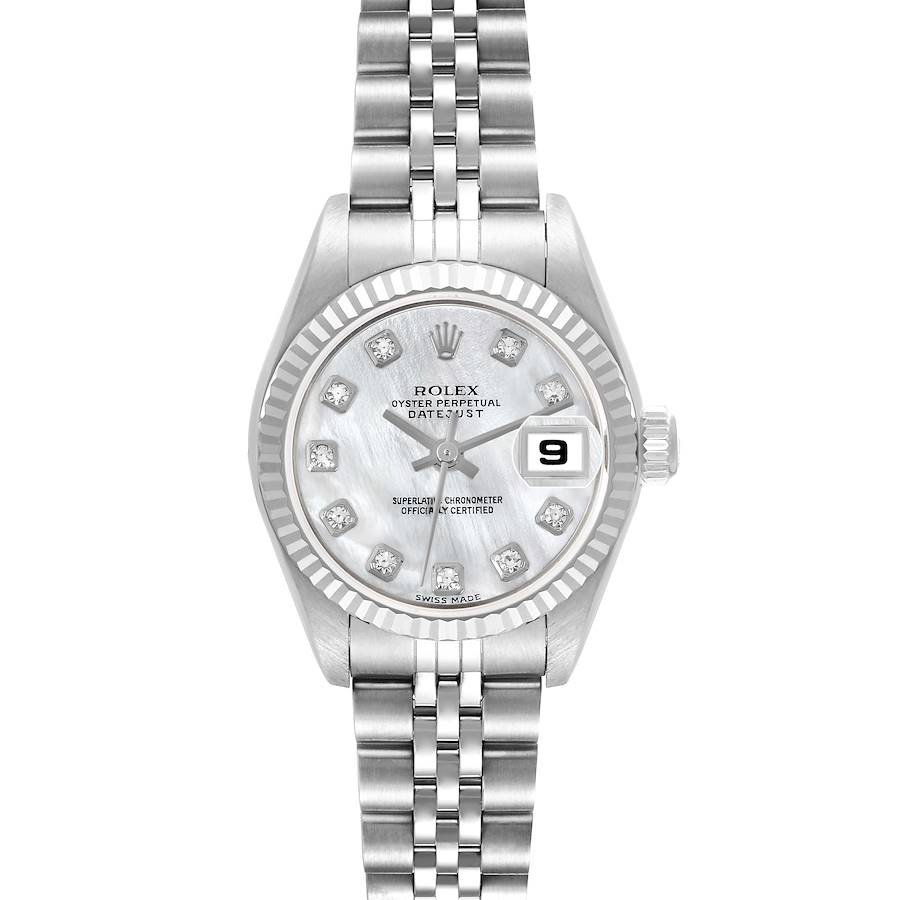 The Rolex Datejust watch is shown from a front angle, highlighting its dial, bezel, and Jubilee bracelet.