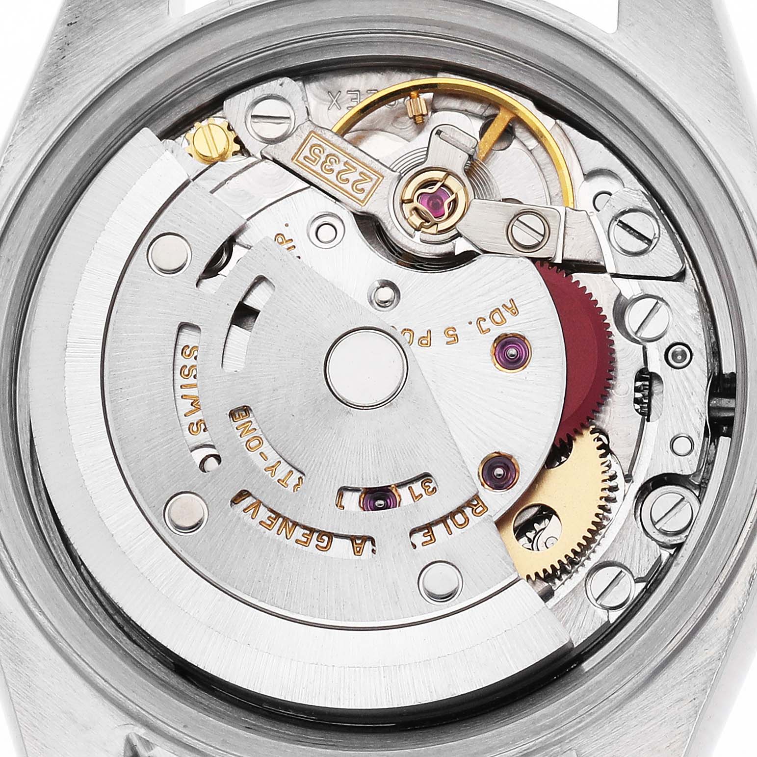 The image shows the movement of a Rolex Datejust 79174 Women's Stainless Steel Mother of Pearl Dial 79174 Women's Stainless Steel Mother of Pearl Dial watch, highlighting its intricate mechanical parts from a top-down angle.