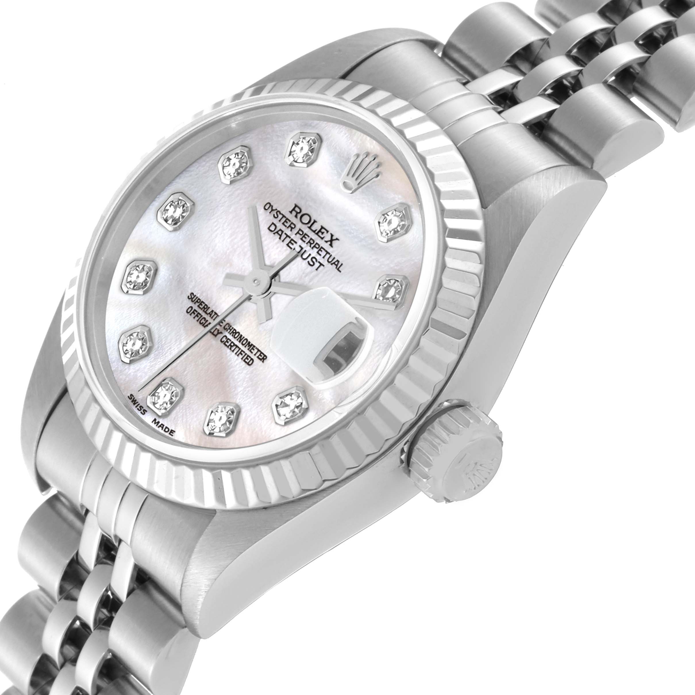 The image shows a close-up angle of the Rolex Datejust 79174 Women's Stainless Steel Mother of Pearl Dial 79174 Women's Stainless Steel Mother of Pearl Dial watch, highlighting its dial, bezel, crown, and part of the bracelet.
