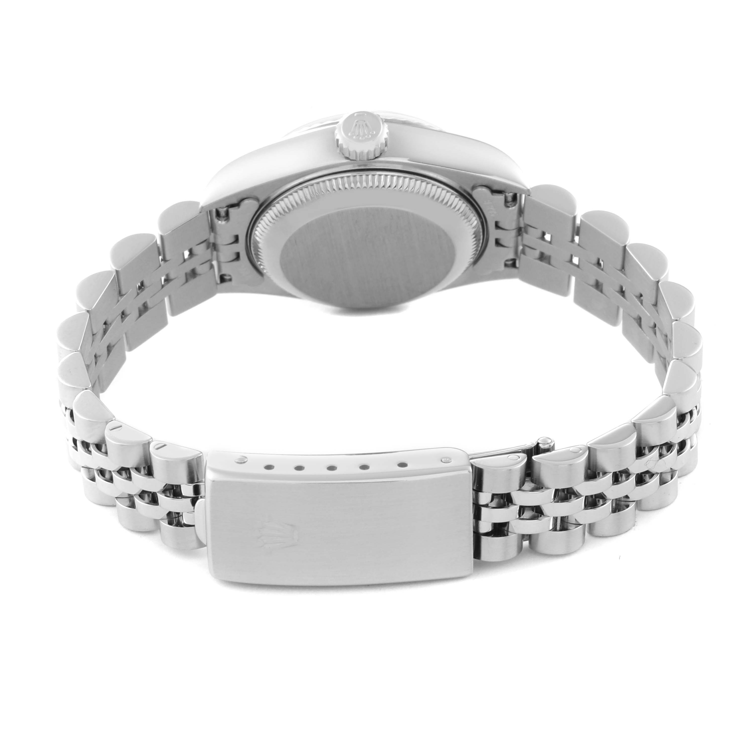 The image shows the back case and bracelet of a Rolex Datejust 79174 Women's Stainless Steel Mother of Pearl Dial 79174 Women's Stainless Steel Mother of Pearl Dial watch from a rear angle.