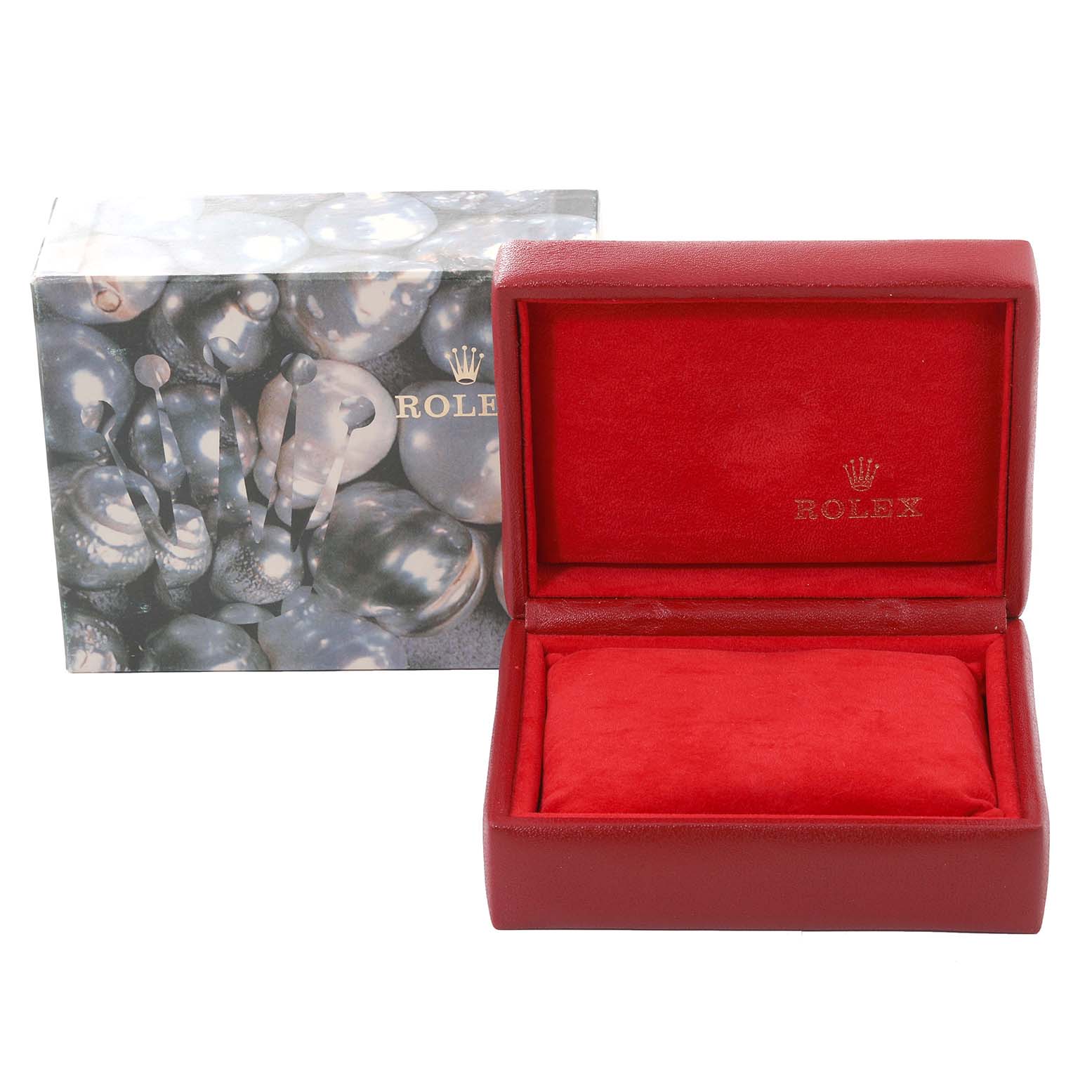 The image shows the packaging and box for a Rolex Datejust 79174 Women's Stainless Steel Mother of Pearl Dial 79174 Women's Stainless Steel Mother of Pearl Dial watch, with the box open, revealing a red interior.