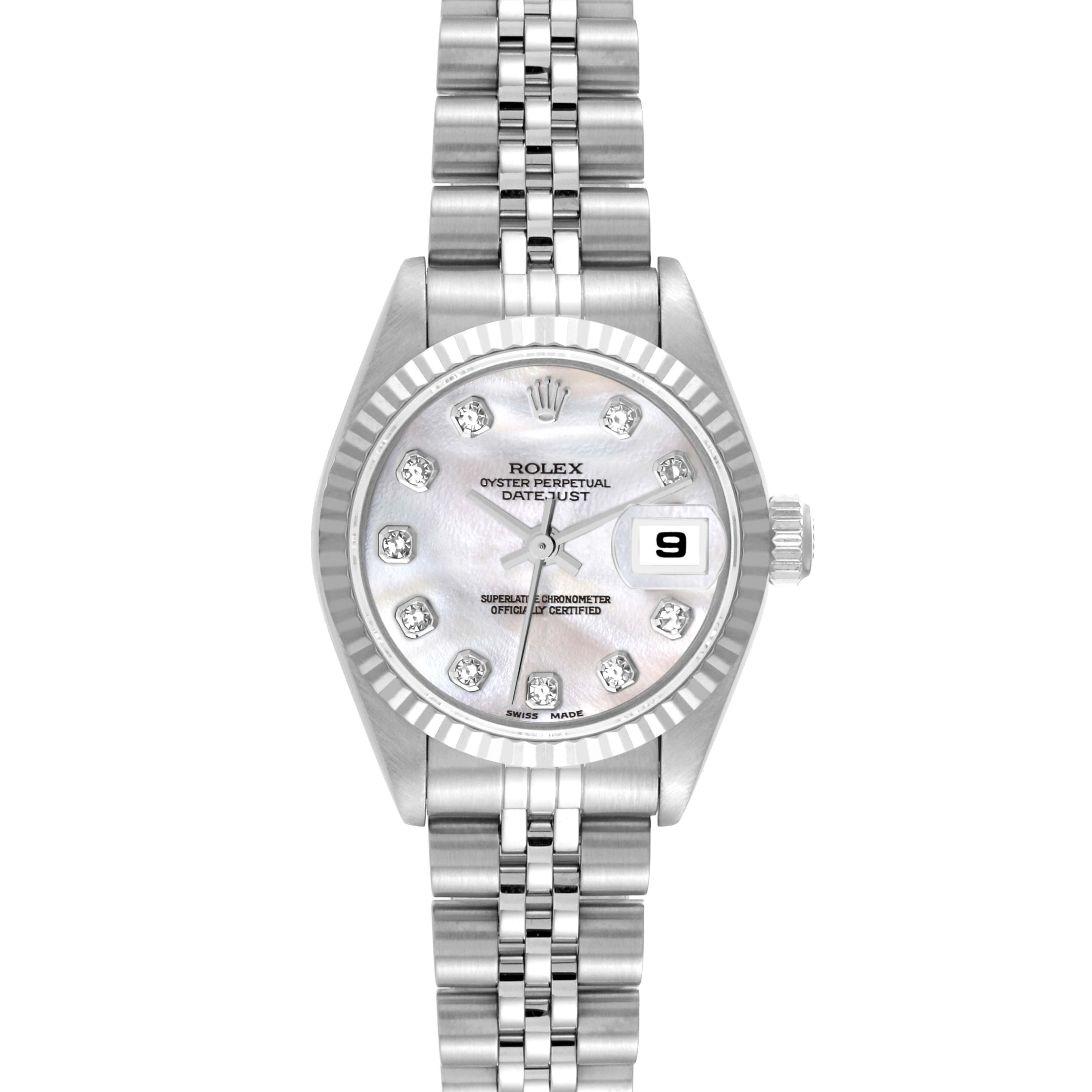This image shows a front view of a Rolex Datejust 79174 Women's Stainless Steel Mother of Pearl Dial 79174 Women's Stainless Steel Mother of Pearl Dial watch, highlighting the face, hands, bezel, bracelet, and date window.