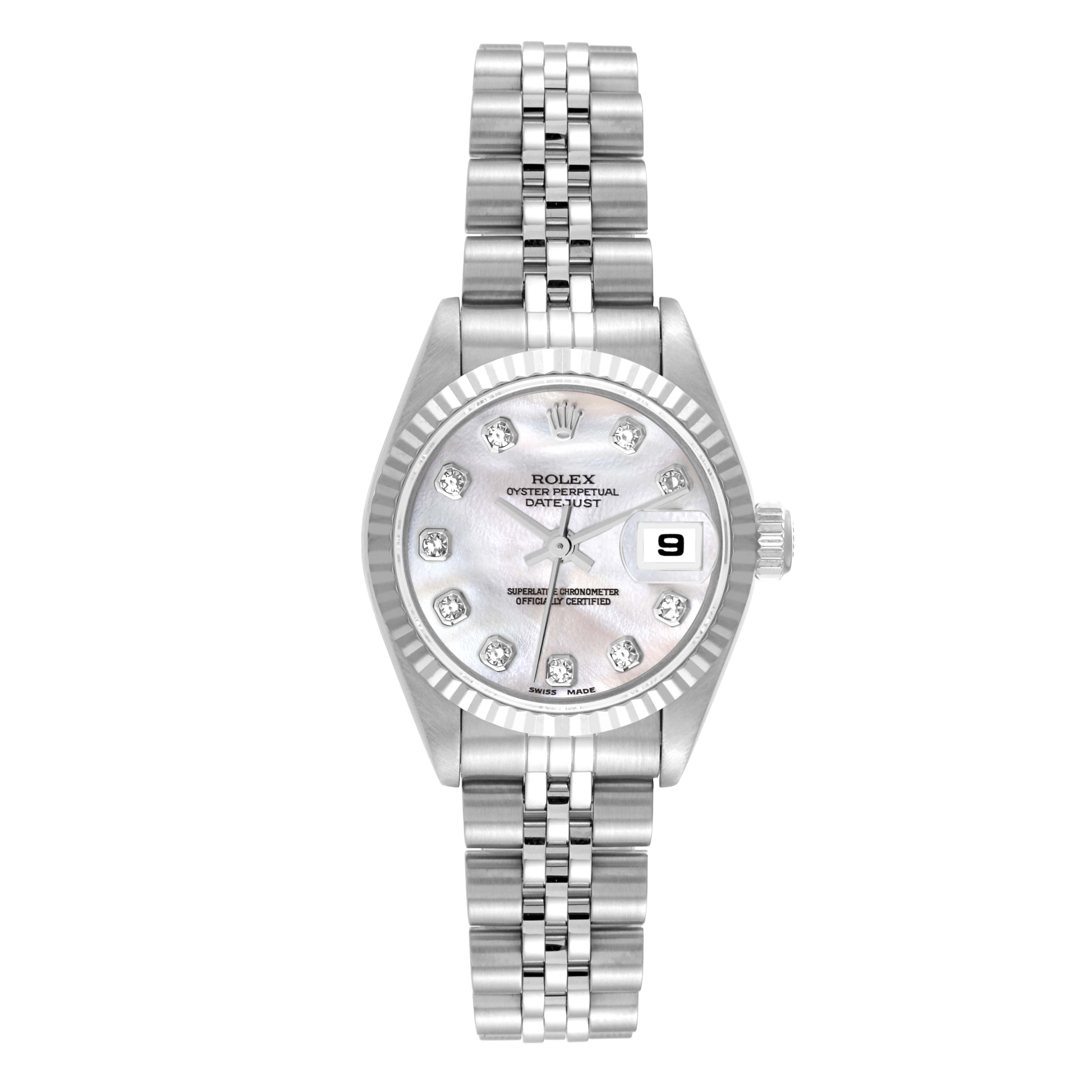 The Rolex Datejust 79174 Women's Stainless Steel Mother of Pearl Dial 79174 Women's Stainless Steel Mother of Pearl Dial watch is shown from a head-on angle, displaying the face, bezel, and bracelet.