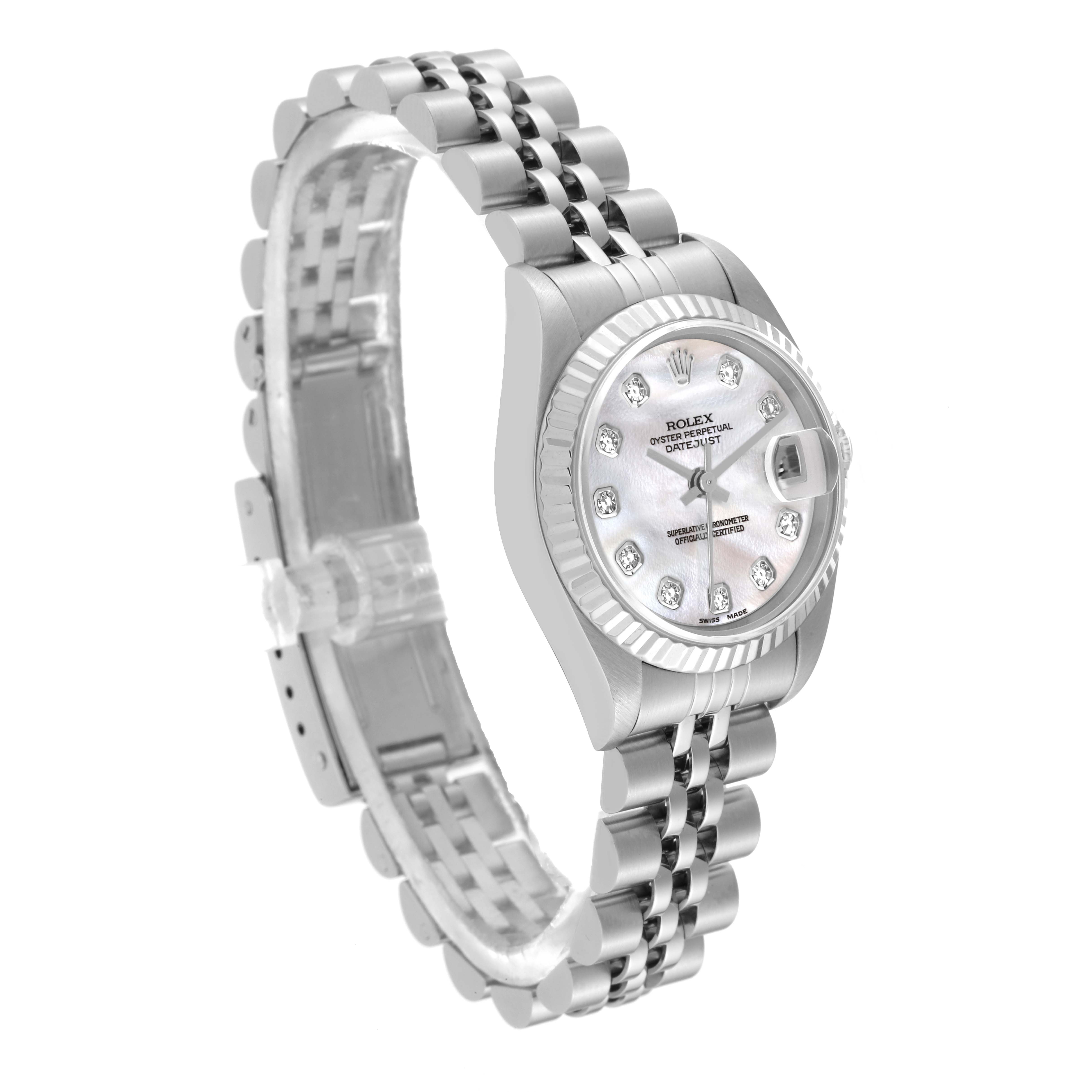 This image shows a side angle of a Rolex Datejust 79174 Women's Stainless Steel Mother of Pearl Dial 79174 Women's Stainless Steel Mother of Pearl Dial watch, displaying the bracelet and diamond-studded dial.