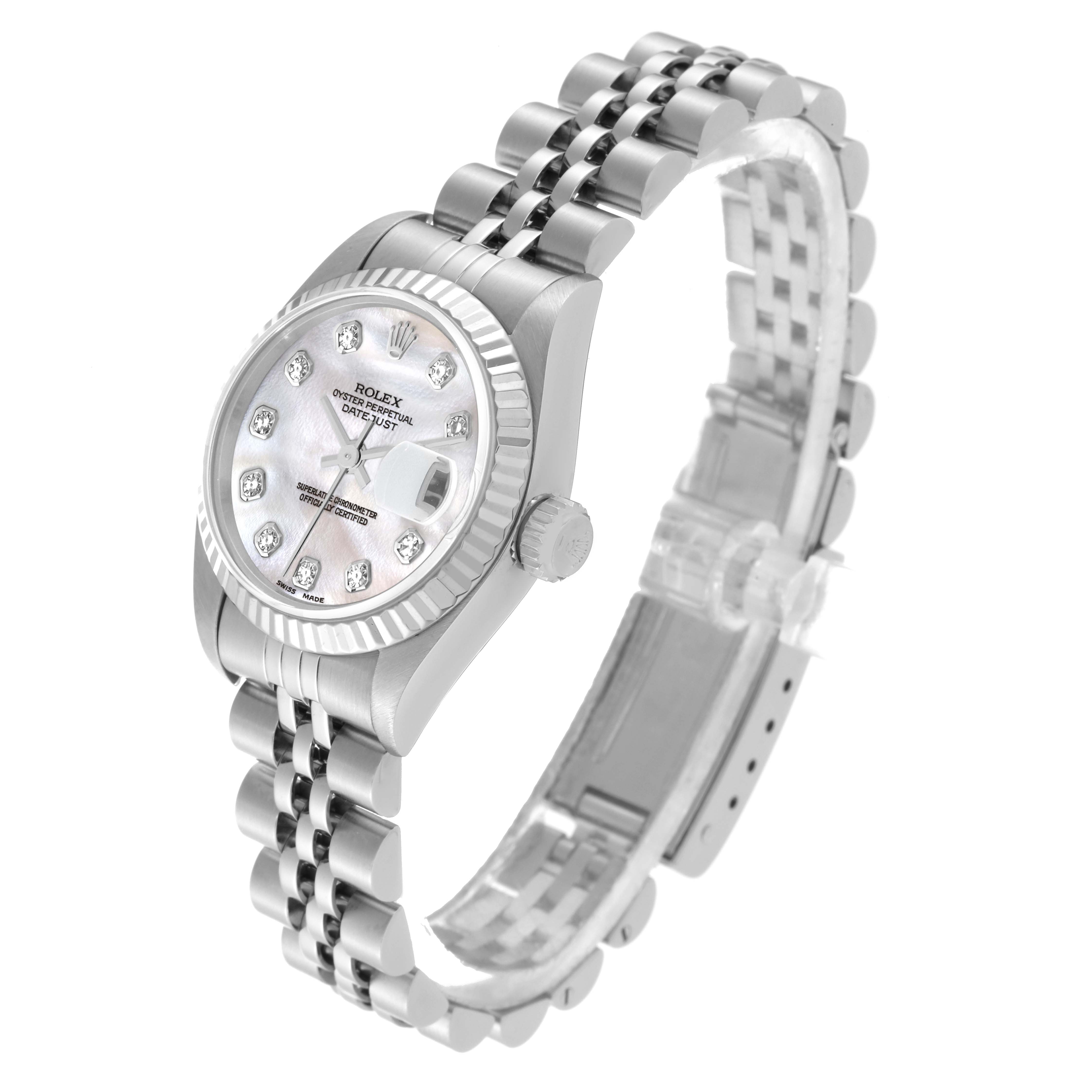 The image shows a side angle view of a Rolex Datejust 79174 Women's Stainless Steel Mother of Pearl Dial 79174 Women's Stainless Steel Mother of Pearl Dial watch, featuring the face, bezel, crown, and bracelet.