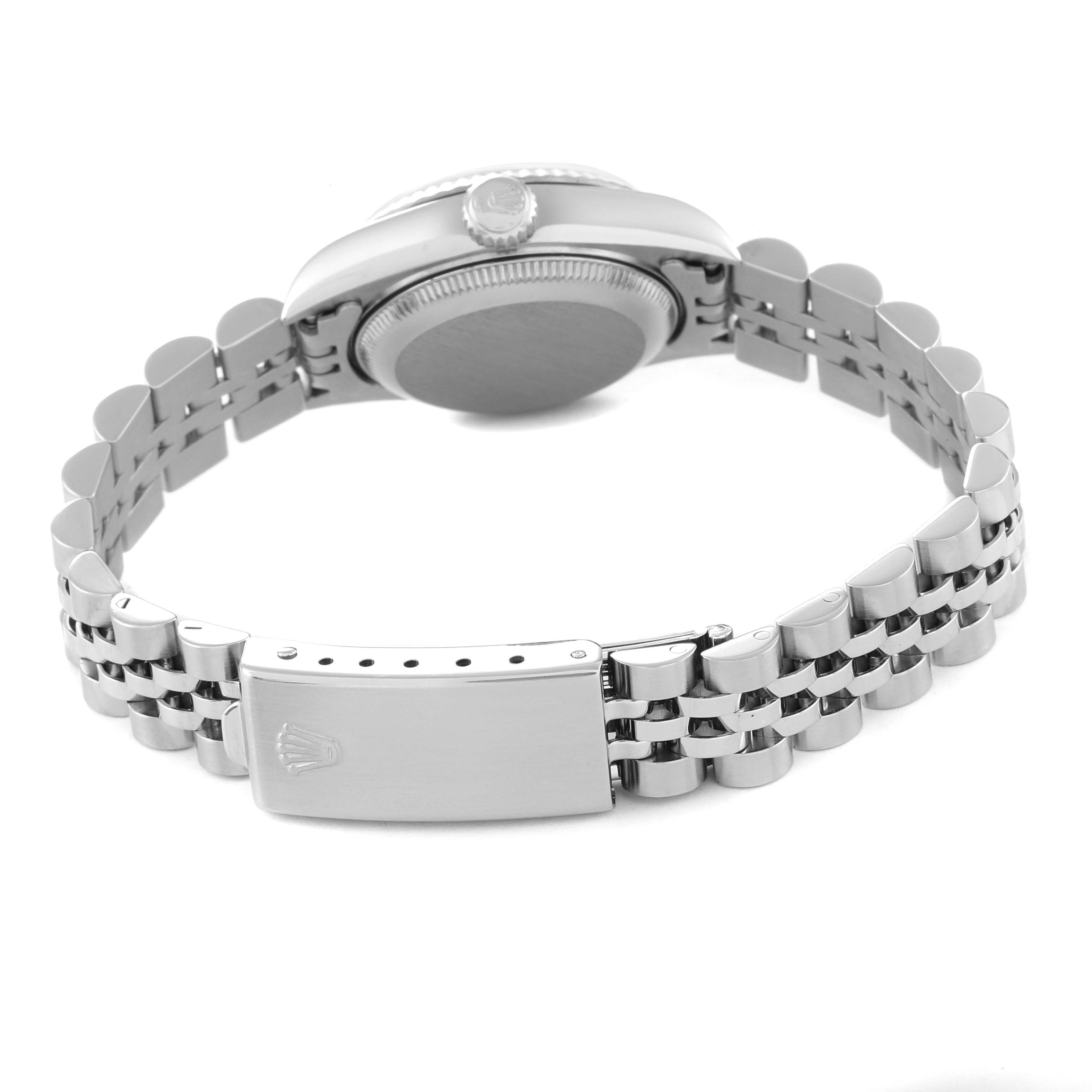 The image shows the back view of a Rolex Datejust 69174 Women's Stainless Steel Silver Dial 69174 Women's Stainless Steel Silver Dial watch, highlighting the bracelet, clasp, case back, and crown.