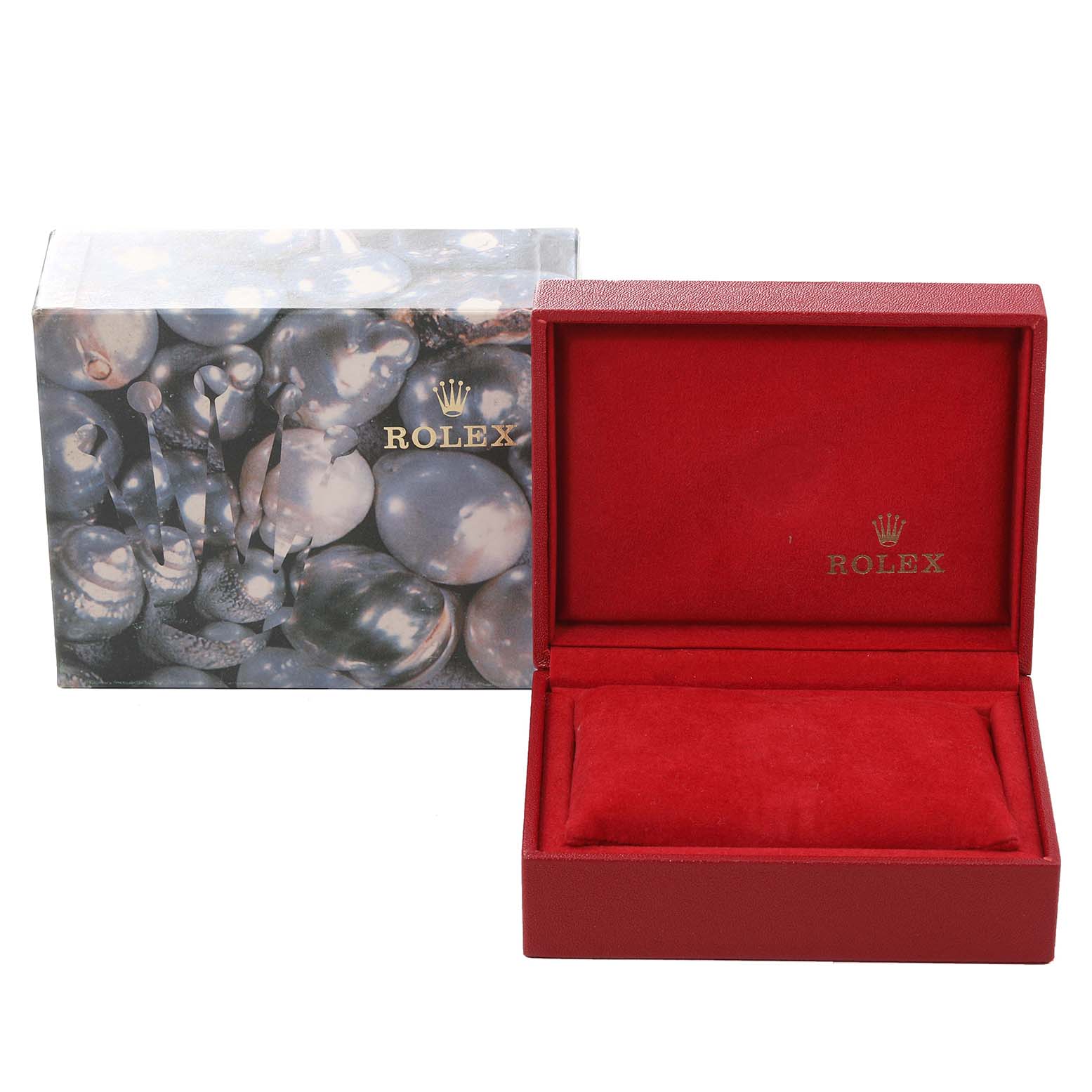 This image shows a Rolex Datejust 69174 Women's Stainless Steel Silver Dial 69174 Women's Stainless Steel Silver Dial watch box and its outer packaging, both featuring the Rolex logo.