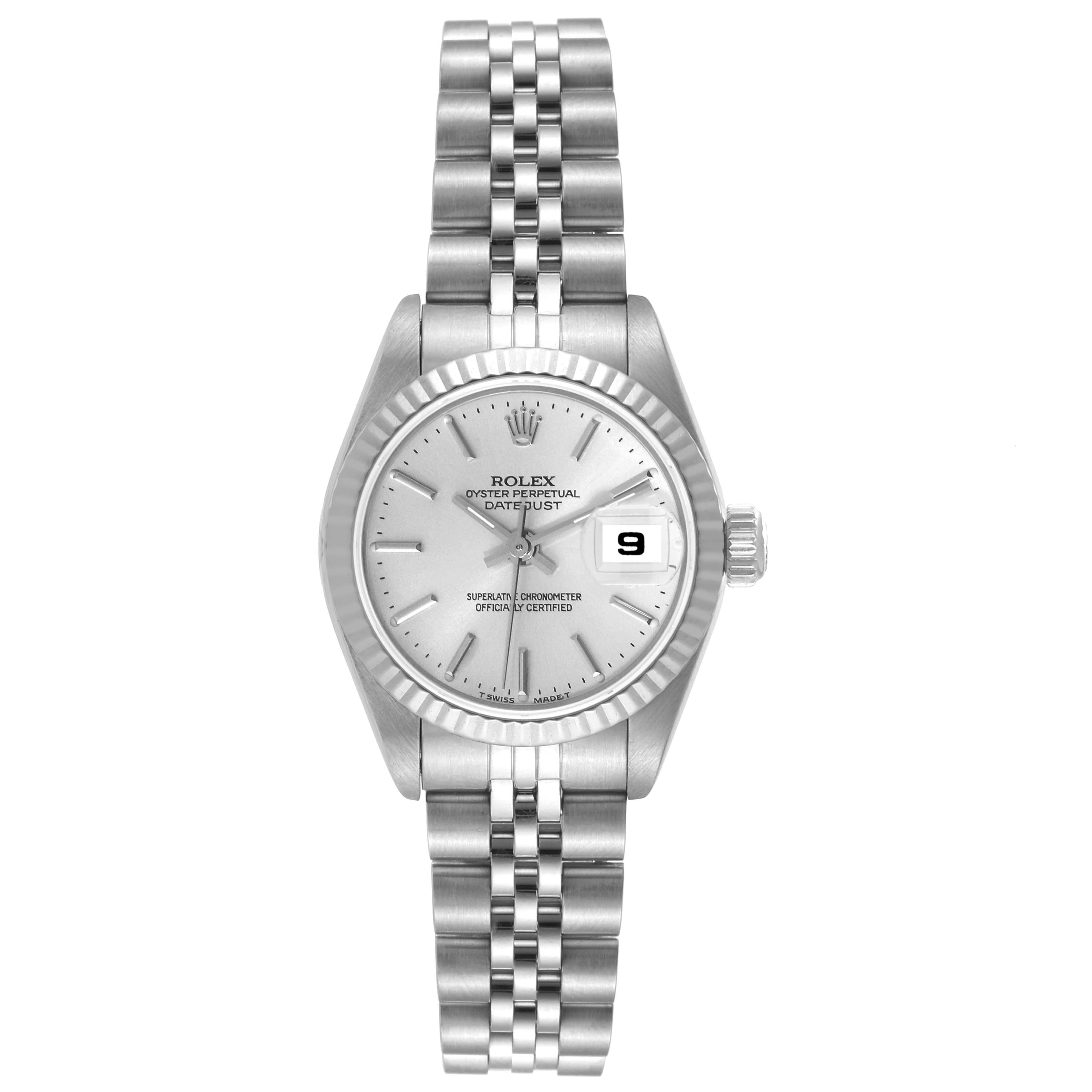 The image shows a Rolex Datejust 69174 Women's Stainless Steel Silver Dial 69174 Women's Stainless Steel Silver Dial watch from a top-down angle, displaying the dial, bezel, crown, and bracelet.