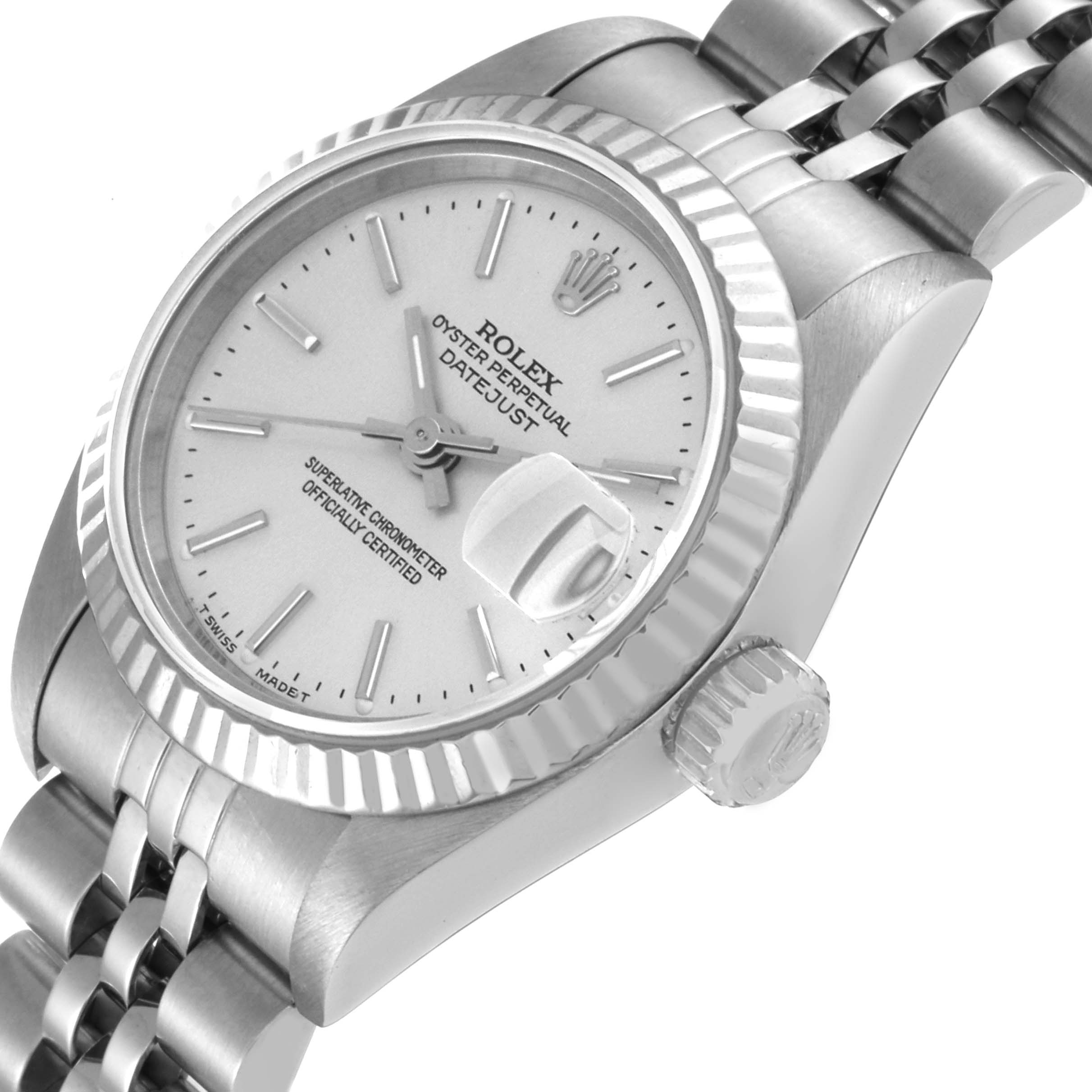 The image shows a close-up angled view of the face, crown, and part of the bracelet of a Rolex Datejust 69174 Women's Stainless Steel Silver Dial 69174 Women's Stainless Steel Silver Dial watch.