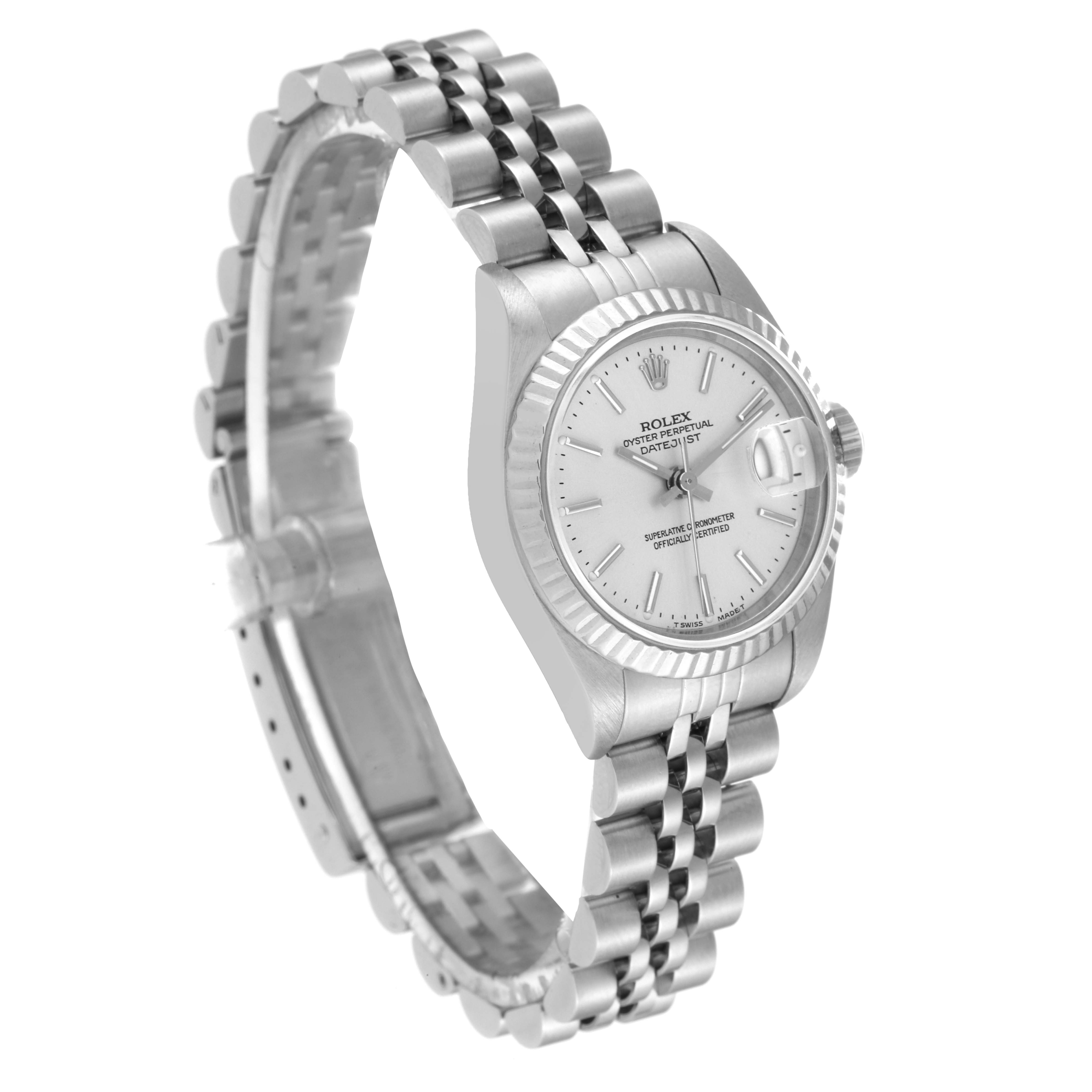 The image shows a Rolex Datejust 69174 Women's Stainless Steel Silver Dial 69174 Women's Stainless Steel Silver Dial watch at a three-quarter angle, highlighting its bracelet, dial, and bezel.