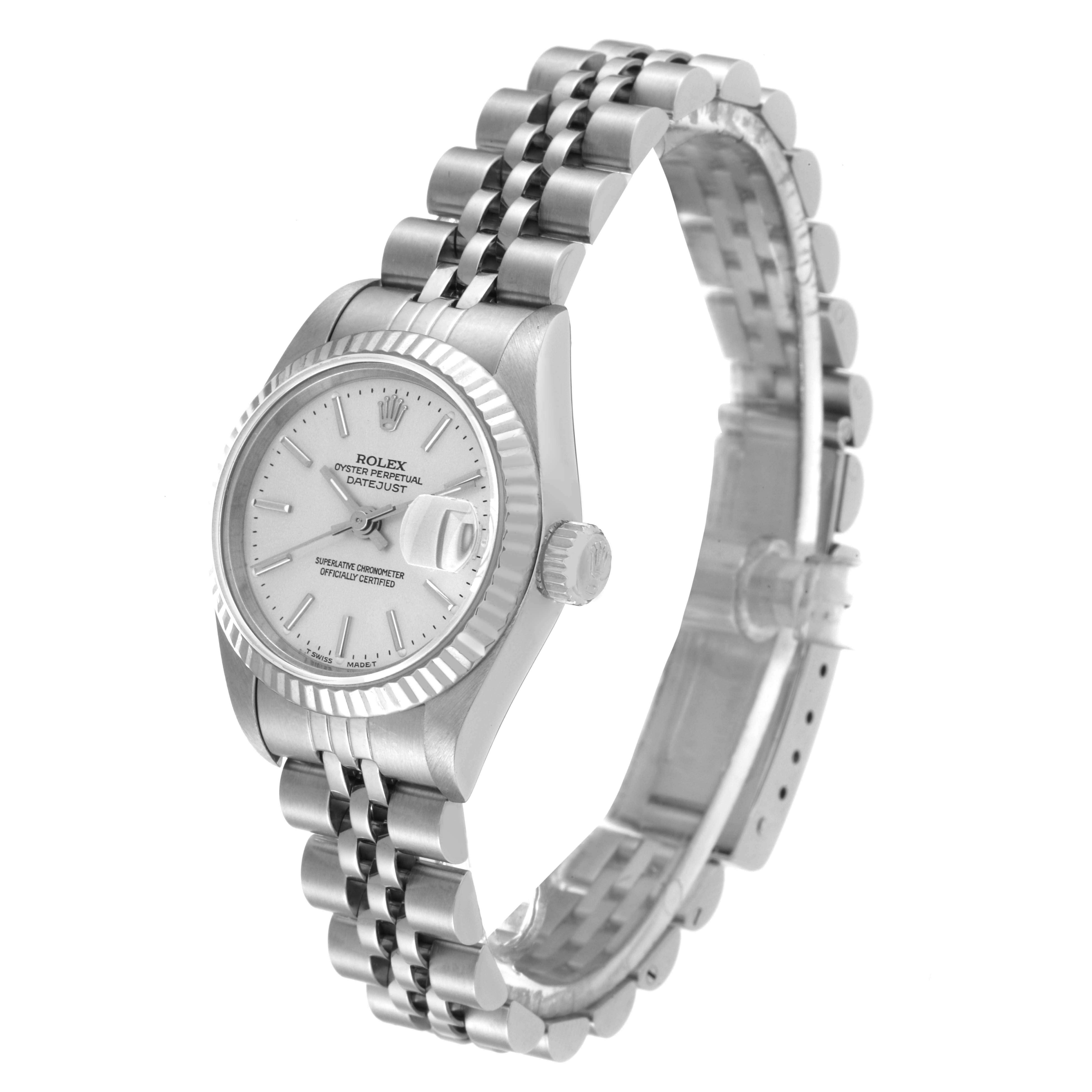 The image shows a Rolex Datejust 69174 Women's Stainless Steel Silver Dial 69174 Women's Stainless Steel Silver Dial watch at an angled side view, highlighting its face, bezel, and Jubilee bracelet.