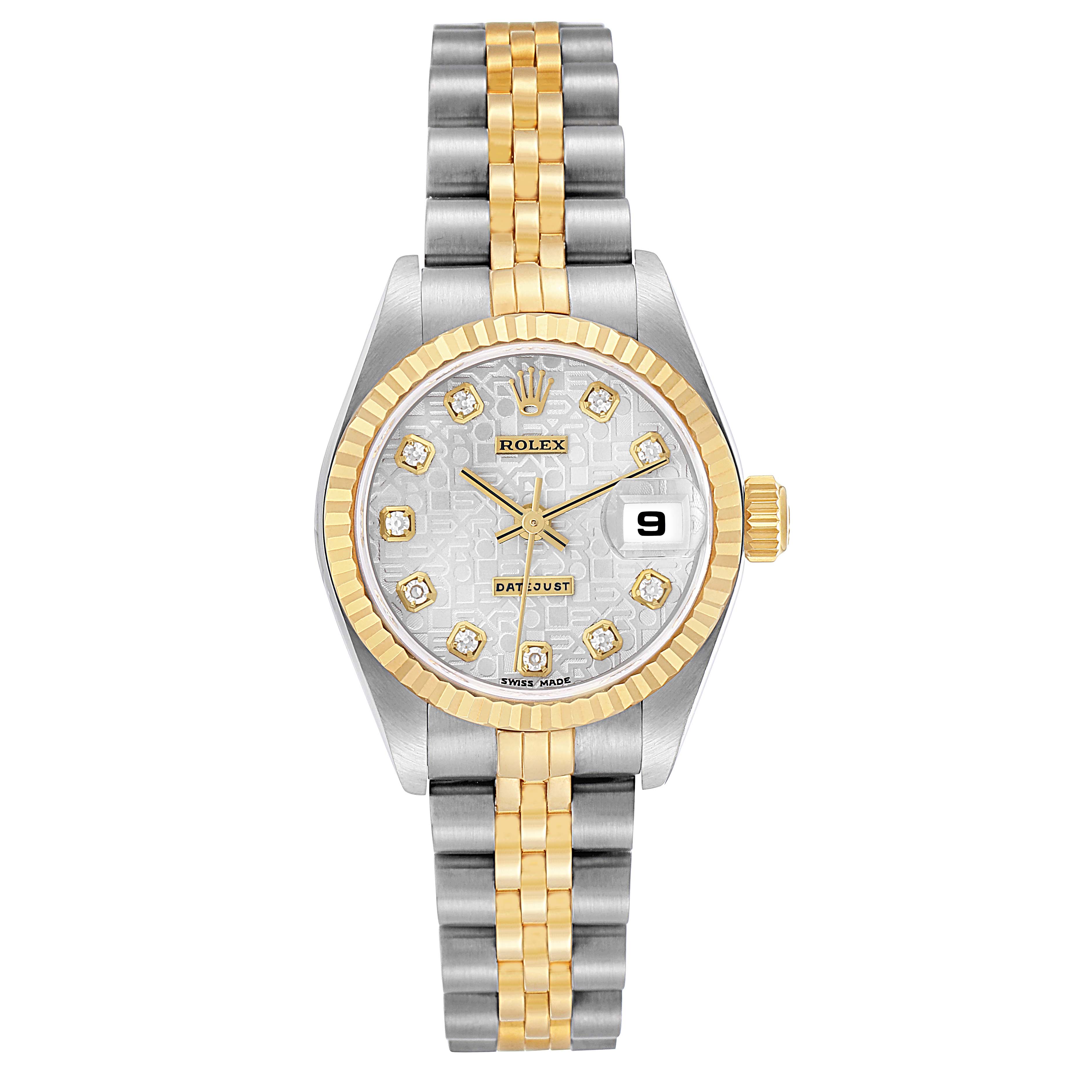 The Rolex Datejust 79173 Women's Steel and Gold (two tone) Silver Dial 79173 Women's Steel and Gold (two tone) Silver Dial watch is shown from a front angle, displaying its face, bezel, and bracelet.