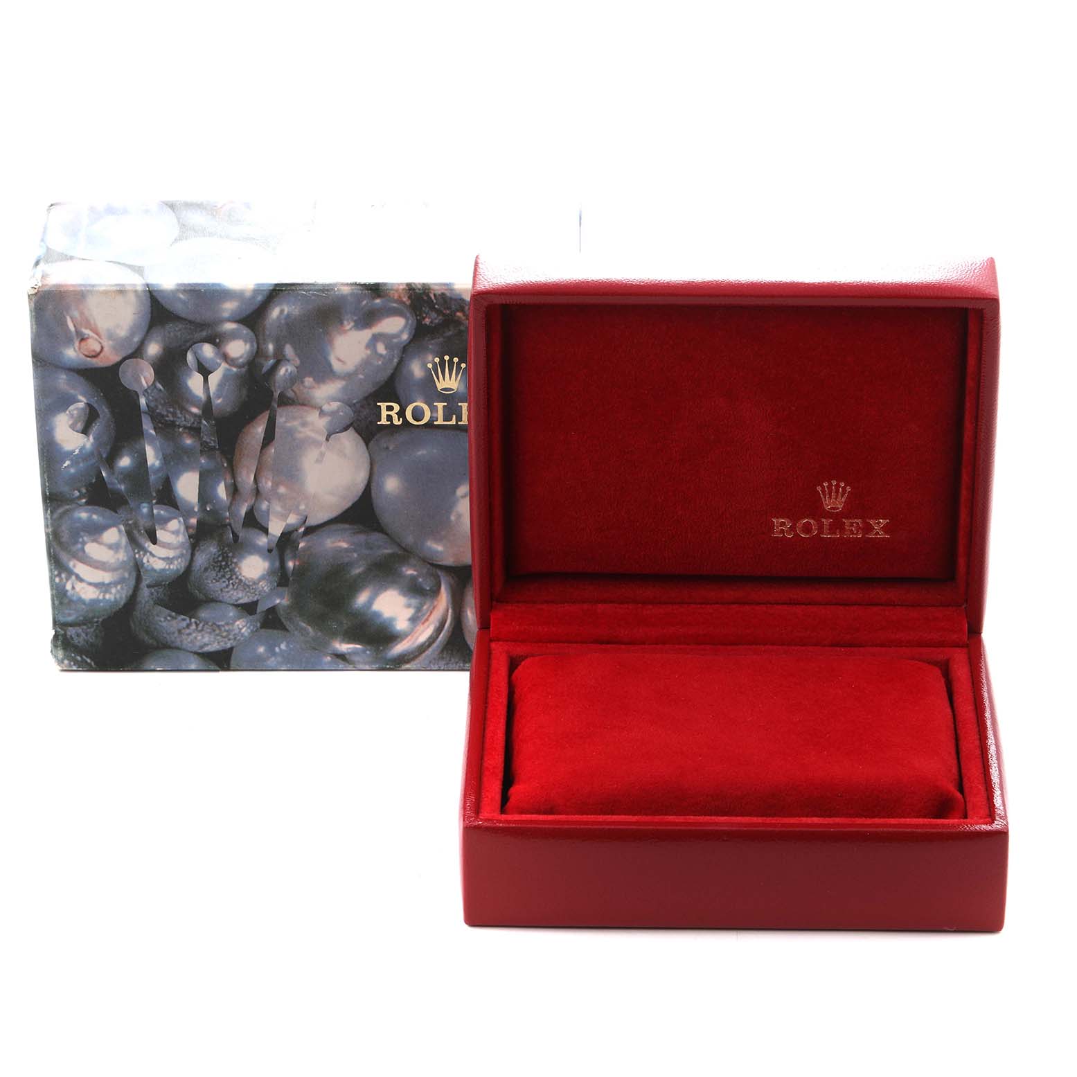 The image shows a red Rolex Datejust 79173 Women's Steel and Gold (two tone) Silver Dial 79173 Women's Steel and Gold (two tone) Silver Dial watch box and its outer packaging, viewed from the front.