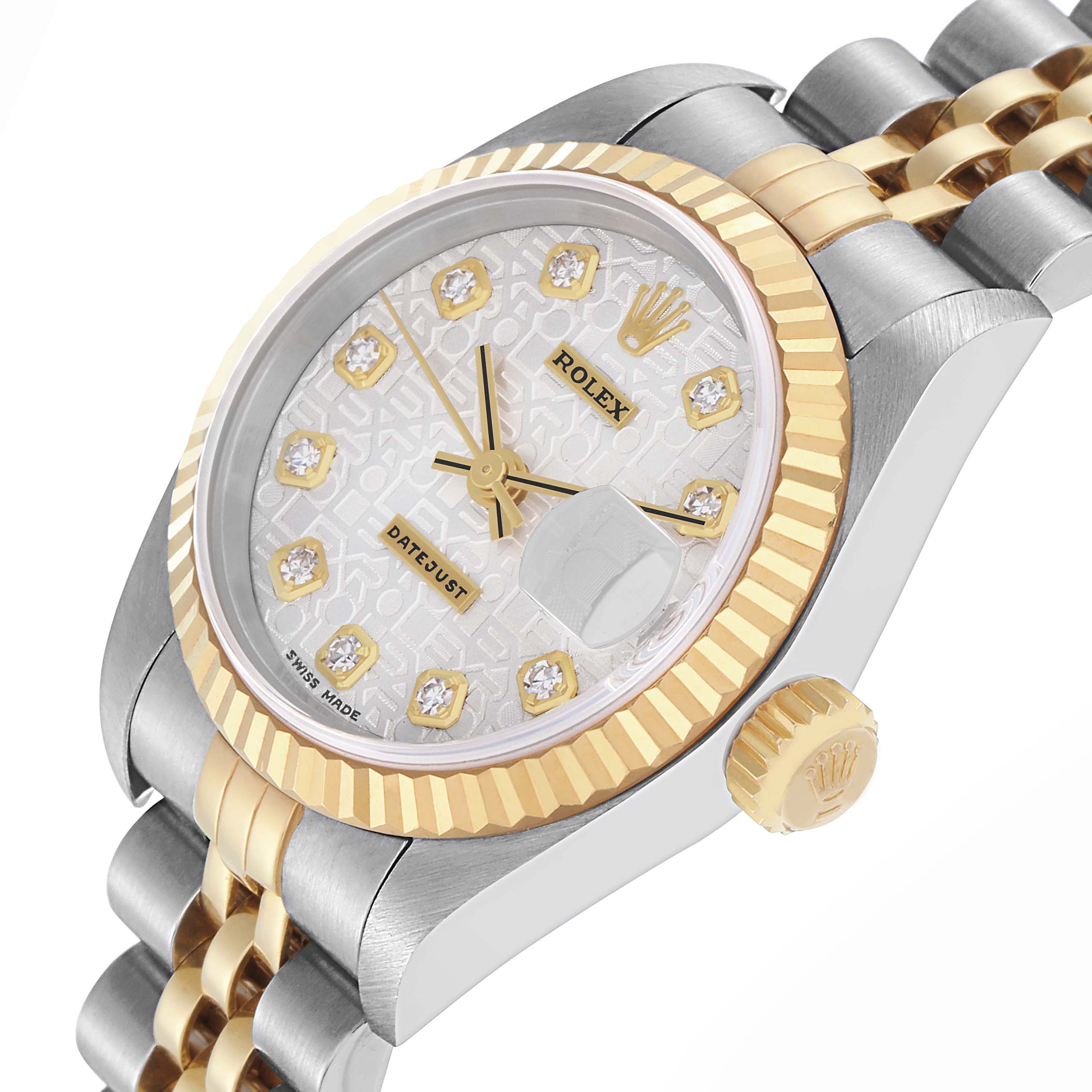 The Rolex Datejust 79173 Women's Steel and Gold (two tone) Silver Dial 79173 Women's Steel and Gold (two tone) Silver Dial watch is shown at an angled view, highlighting its dial, bezel, crown, and bracelet.