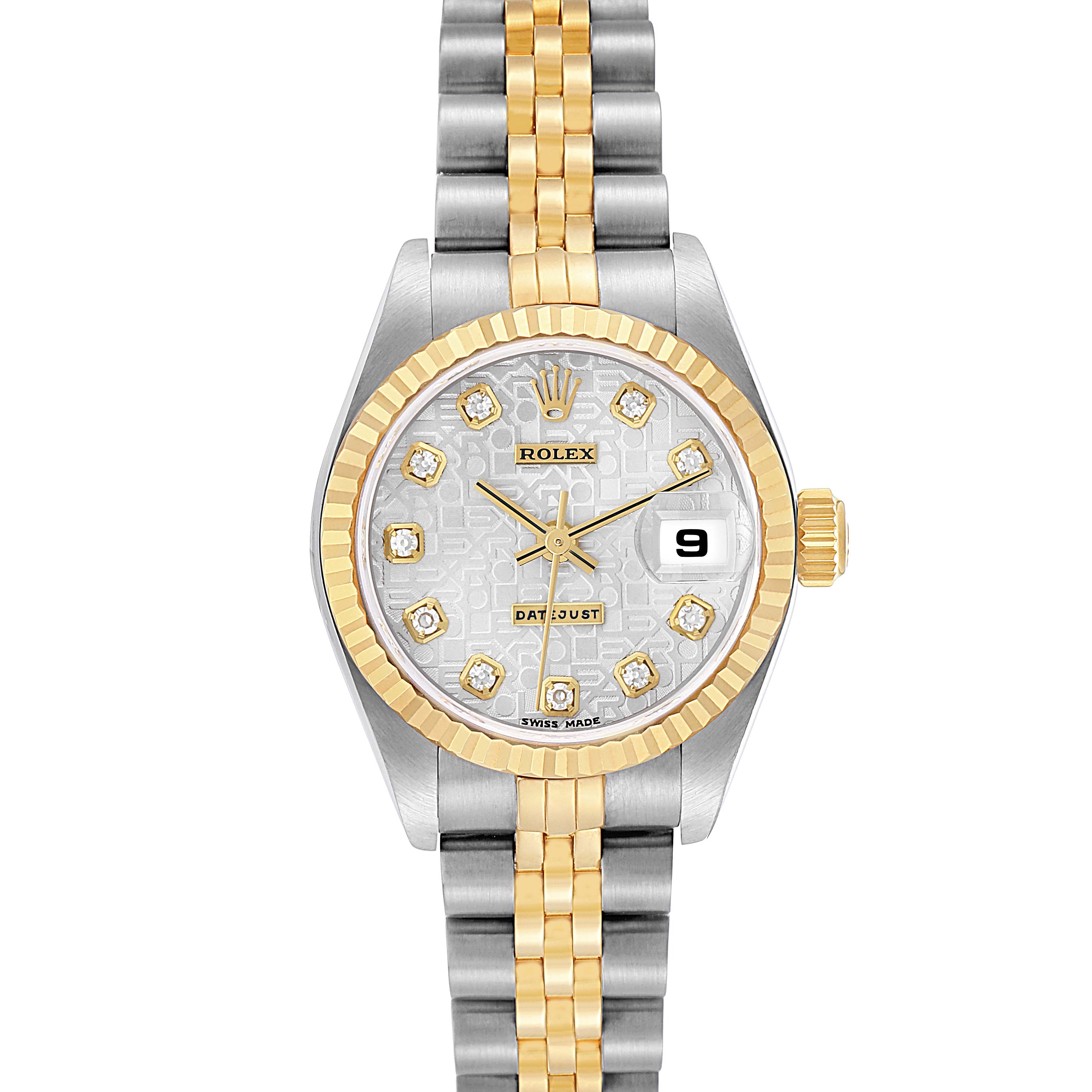 The Rolex Datejust 79173 Women's Steel and Gold (two tone) Silver Dial 79173 Women's Steel and Gold (two tone) Silver Dial watch is shown from the front, featuring a two-tone bracelet, gold fluted bezel, and diamond hour markers.