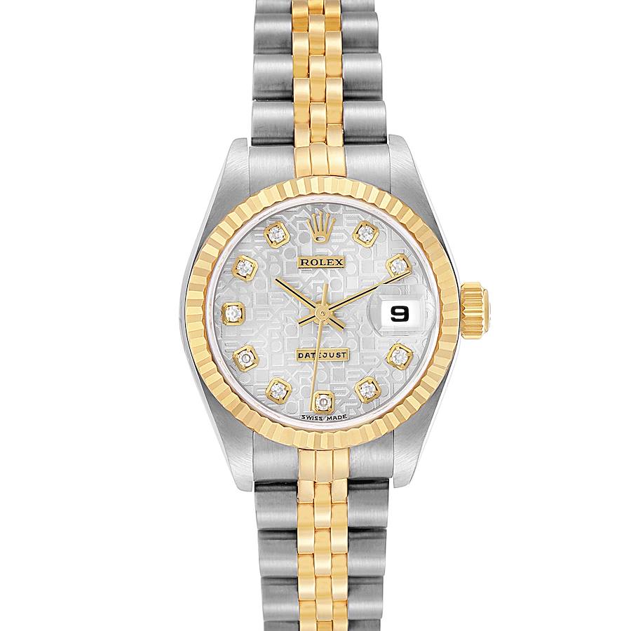 The Rolex Datejust watch is shown from the front, featuring a two-tone bracelet, gold fluted bezel, and diamond hour markers.