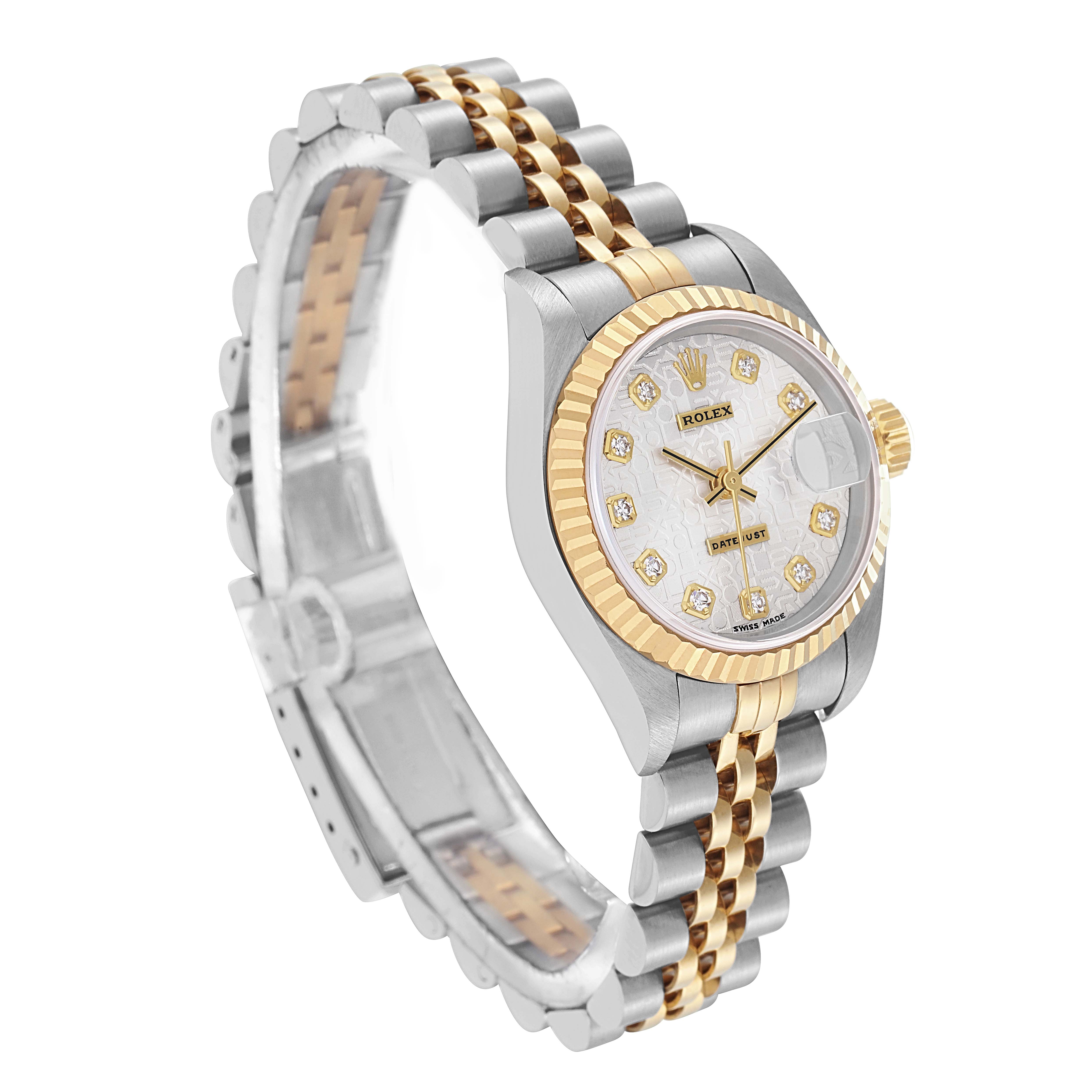 The Rolex Datejust 79173 Women's Steel and Gold (two tone) Silver Dial 79173 Women's Steel and Gold (two tone) Silver Dial watch is shown at a slight angle highlighting the bezel, face, and part of the band.
