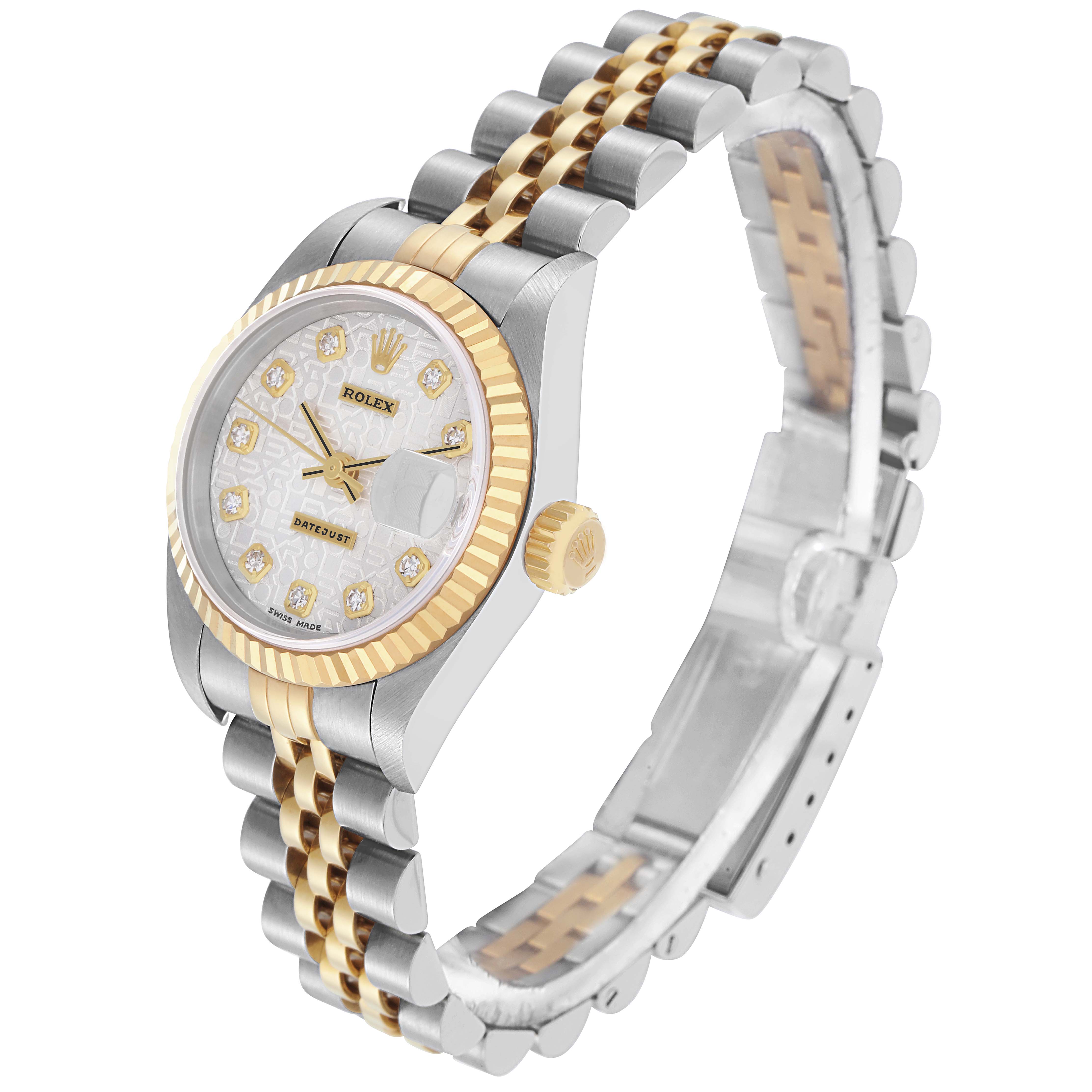 The image shows a Rolex Datejust 79173 Women's Steel and Gold (two tone) Silver Dial 79173 Women's Steel and Gold (two tone) Silver Dial watch from a three-quarter angle, highlighting the dial, bezel, crown, and bracelet.
