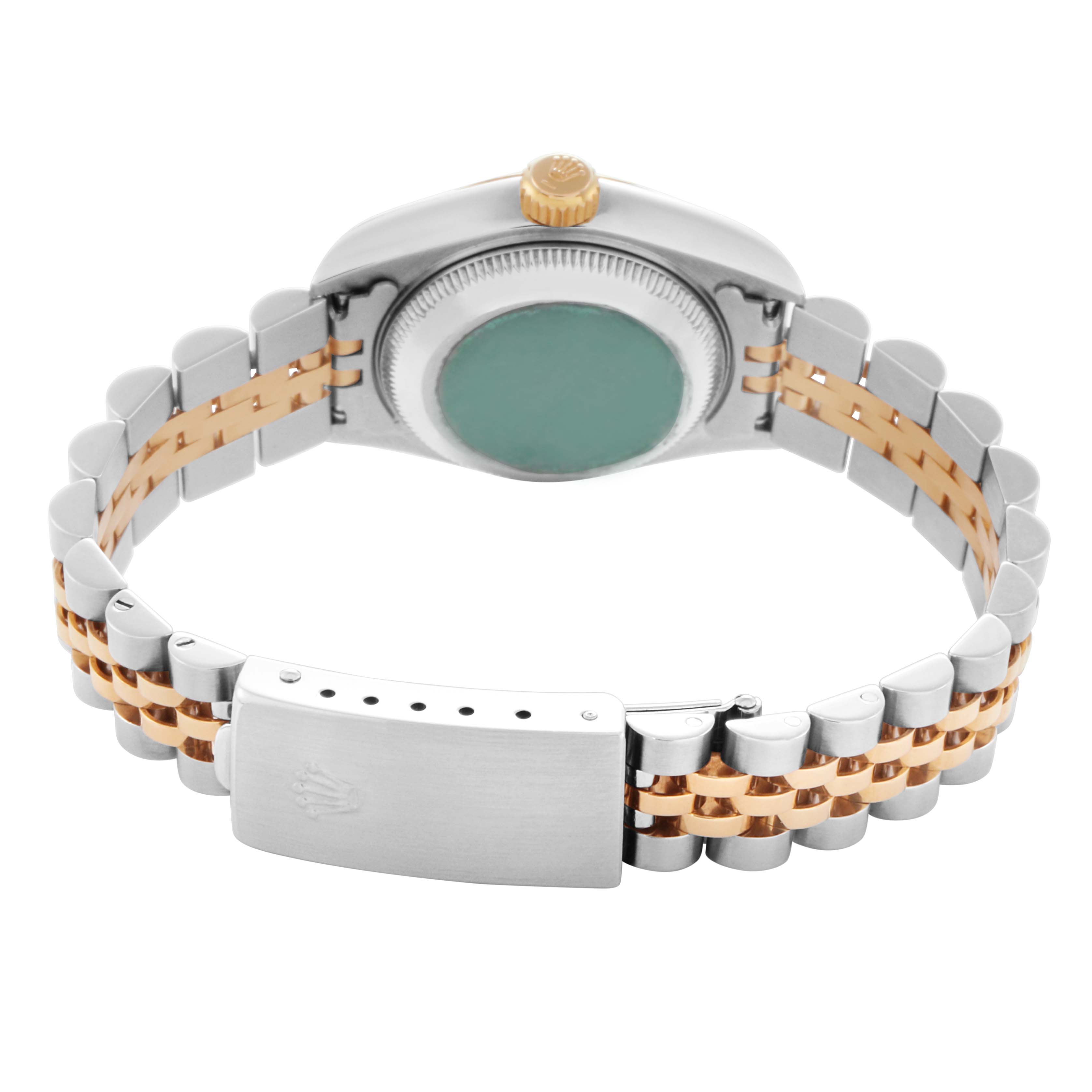 The image shows the back and side of a Rolex Datejust 79173 Women's Steel and Gold (two tone) Silver Dial 79173 Women's Steel and Gold (two tone) Silver Dial watch, highlighting the case, crown, and two-tone bracelet clasp.