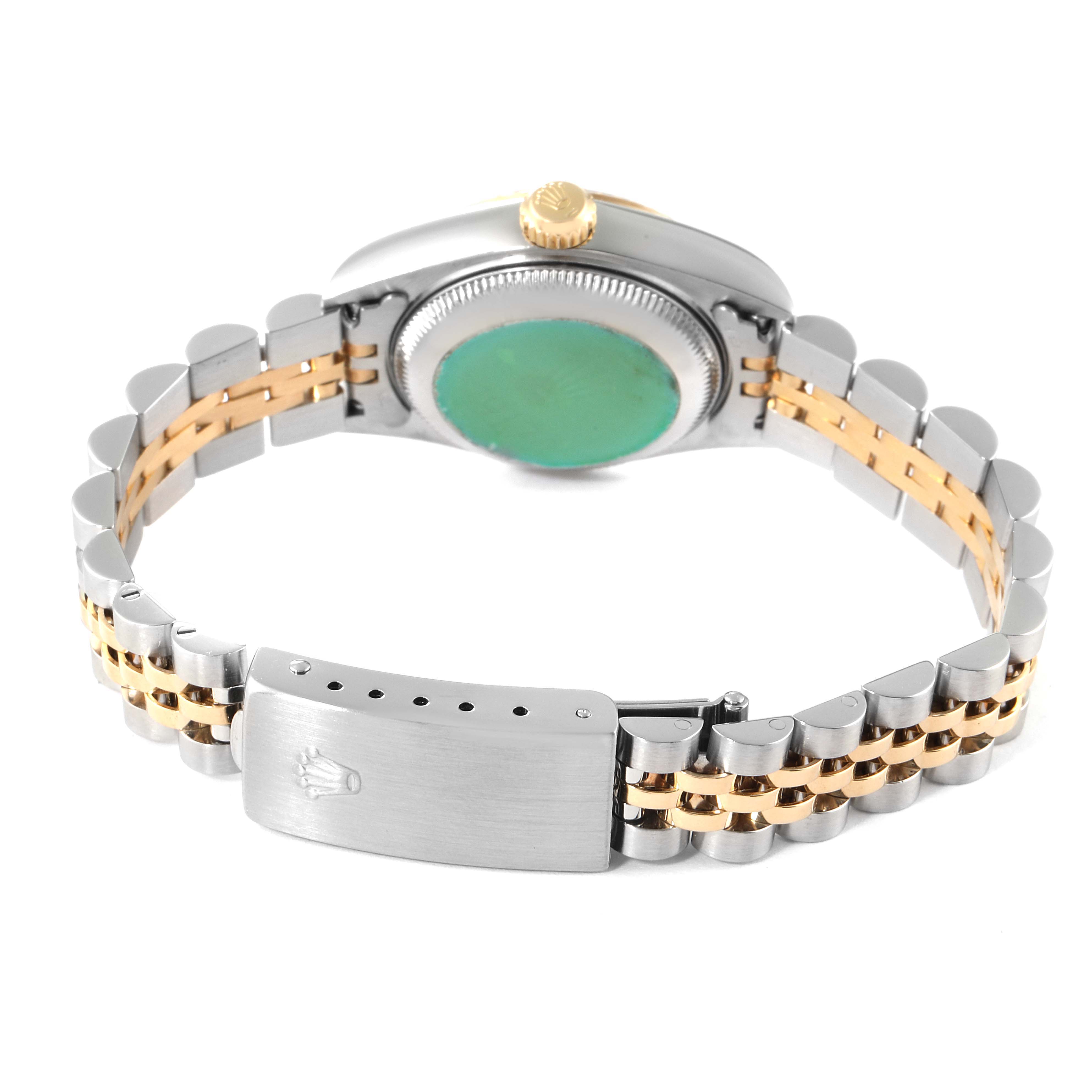 The image shows the back view of a Rolex Datejust 79173 Women's Steel and Gold (two tone) Black Dial 79173 Women's Steel and Gold (two tone) Black Dial watch, highlighting the bracelet, clasp, case back, and the crown.