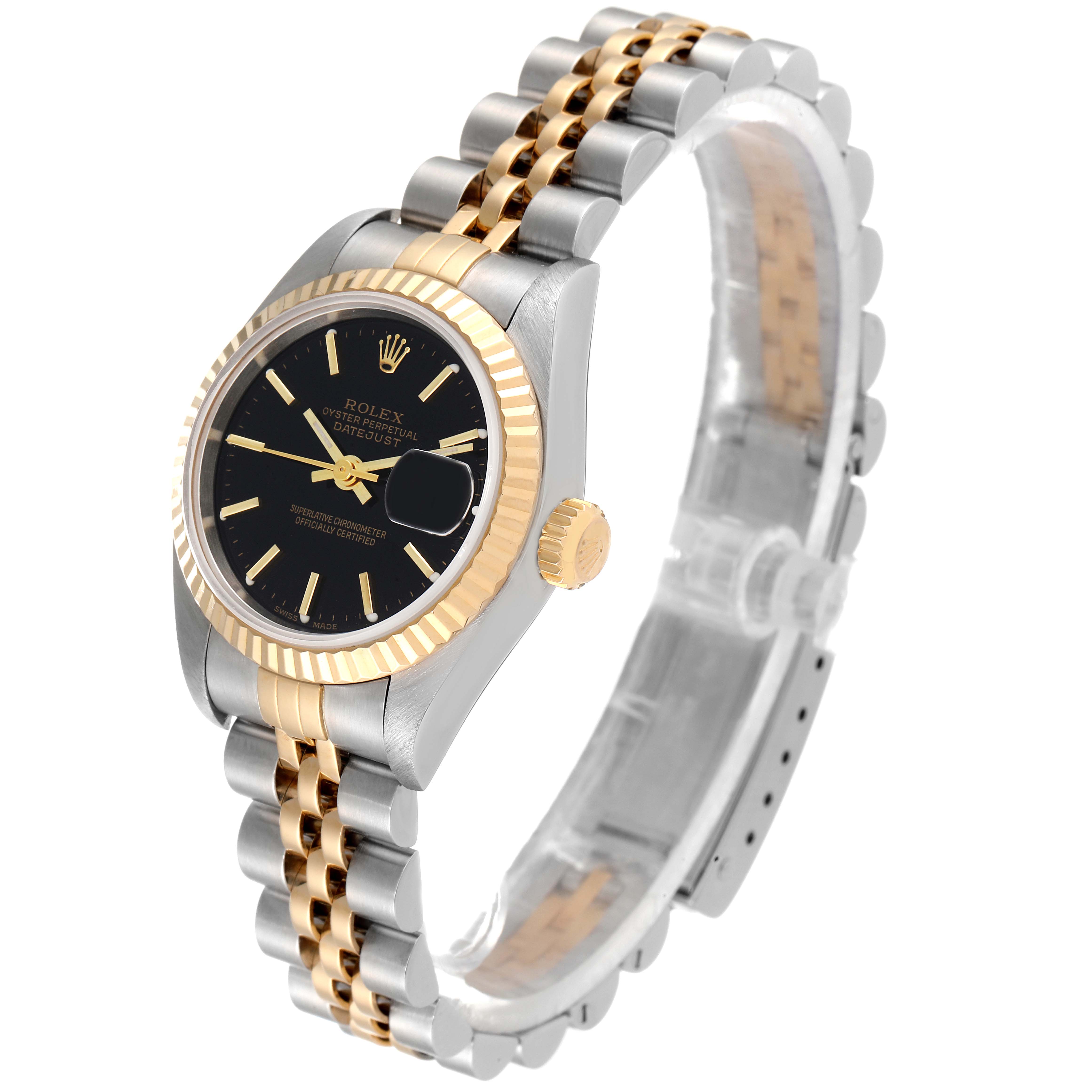 The Rolex Datejust 79173 Women's Steel and Gold (two tone) Black Dial 79173 Women's Steel and Gold (two tone) Black Dial watch is shown at a slight angle displaying the dial, bezel, crown, and bracelet.