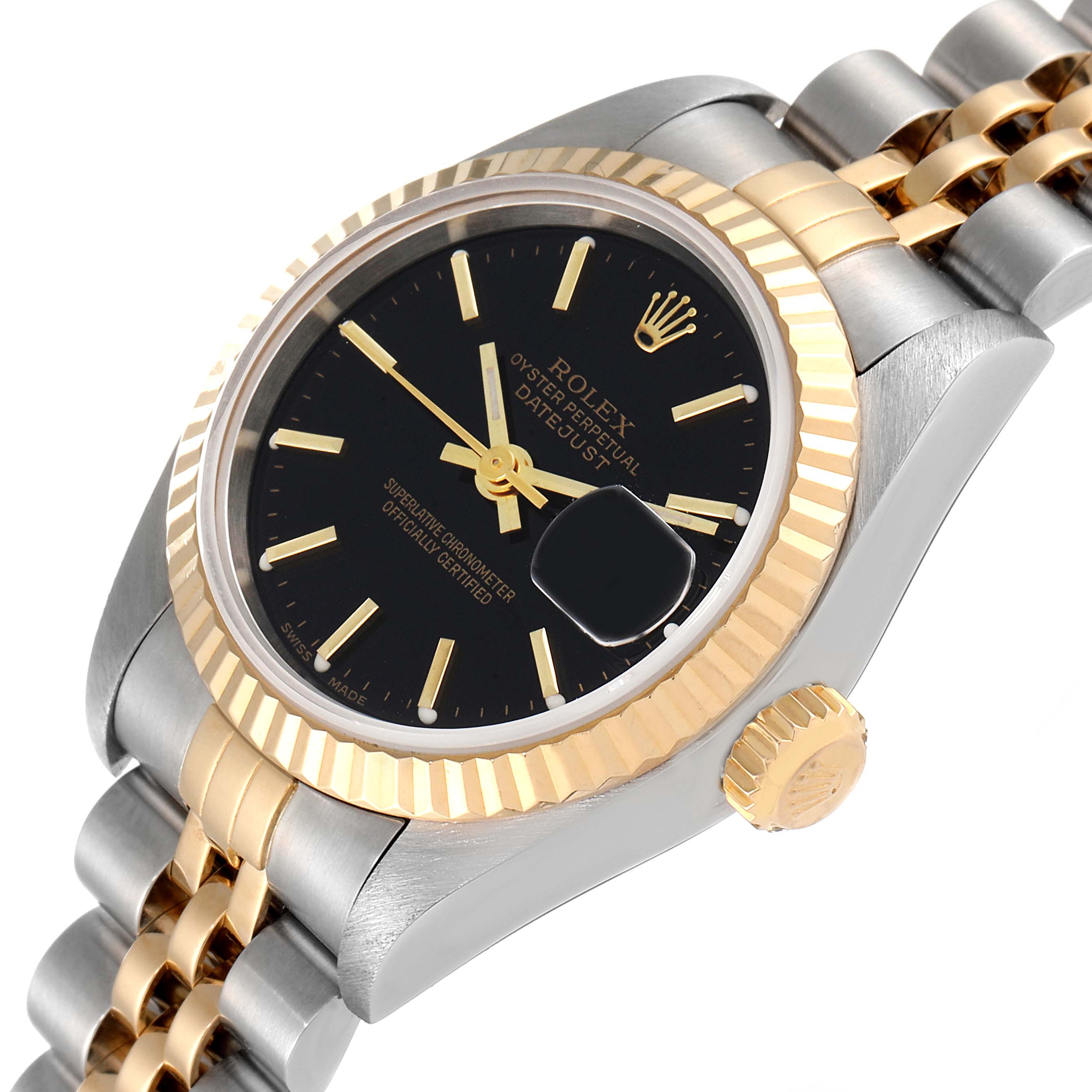 This image shows a Rolex Datejust 79173 Women's Steel and Gold (two tone) Black Dial 79173 Women's Steel and Gold (two tone) Black Dial watch at an angle, highlighting the face, bezel, crown, and bracelet.