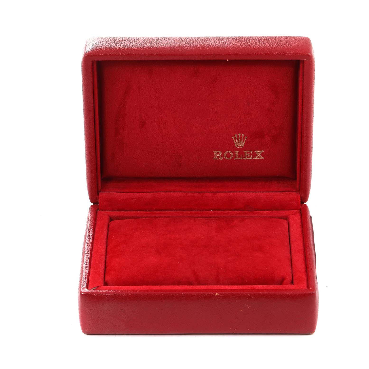 The image shows an open, red, velvet-lined box for a Rolex Datejust 79173 Women's Steel and Gold (two tone) Black Dial 79173 Women's Steel and Gold (two tone) Black Dial watch, displaying the brand name and logo inside.