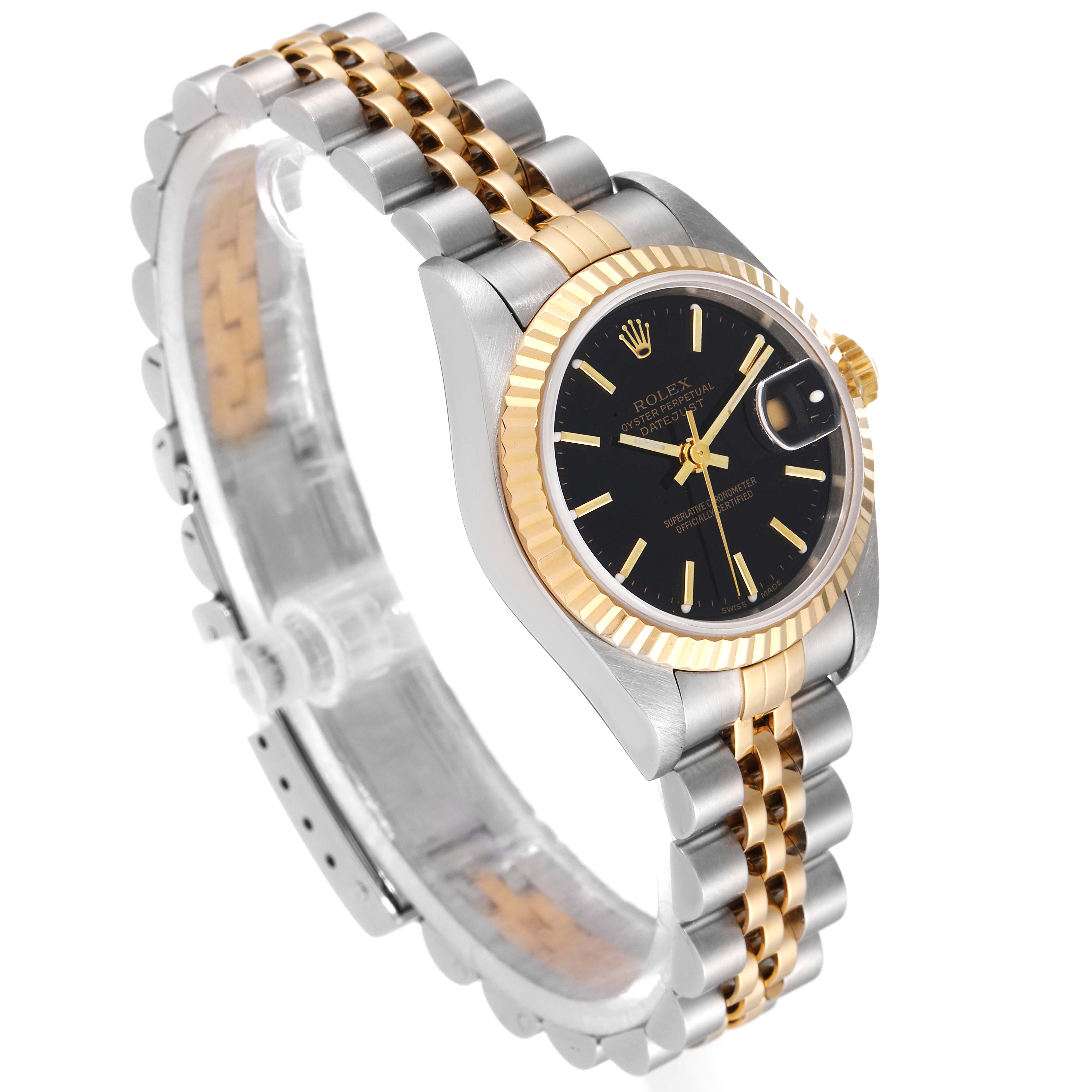 The Rolex Datejust 79173 Women's Steel and Gold (two tone) Black Dial 79173 Women's Steel and Gold (two tone) Black Dial watch is shown at a three-quarter angle, showcasing the black dial, two-tone bracelet, and fluted bezel.