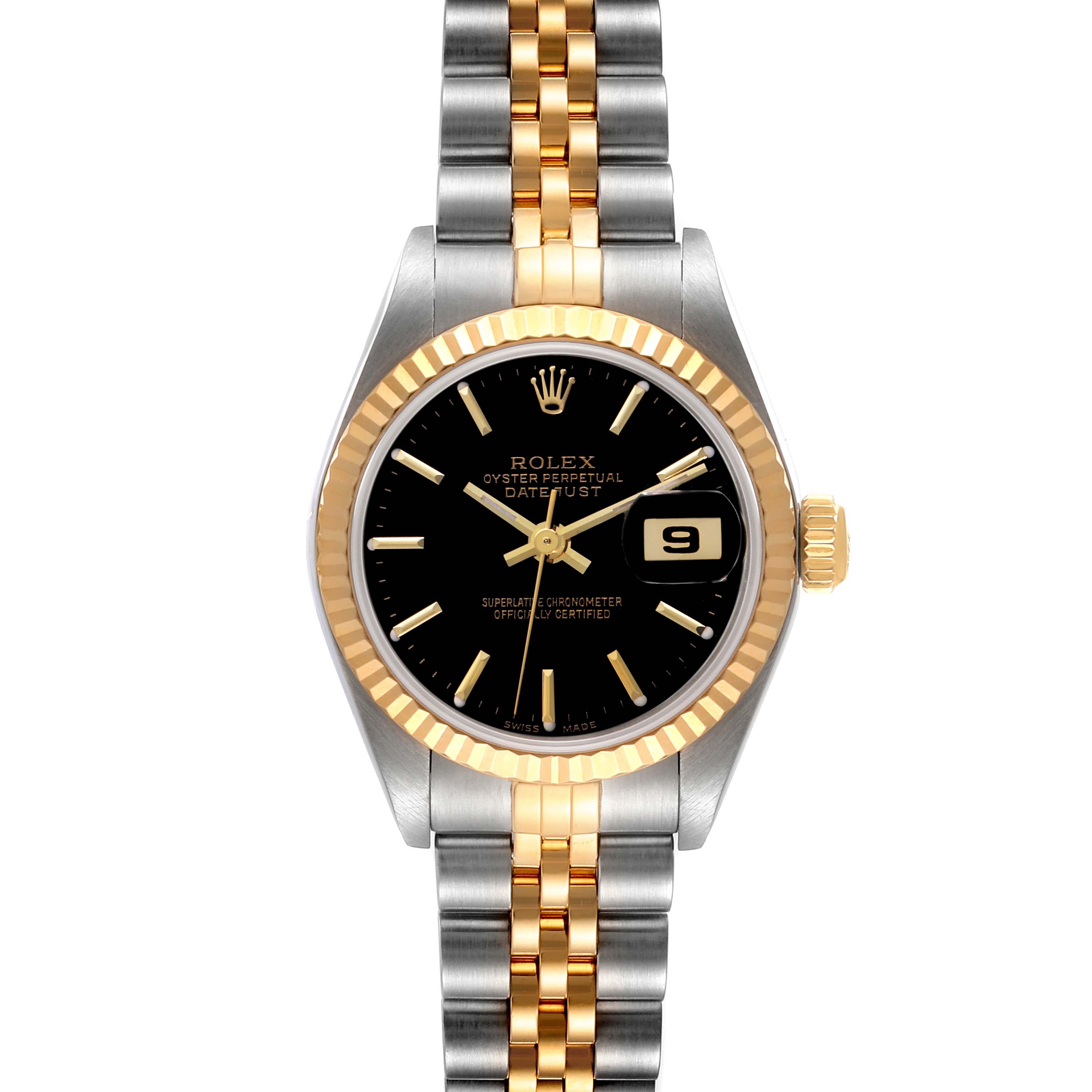 The image shows a front view of a Rolex Datejust 79173 Women's Steel and Gold (two tone) Black Dial 79173 Women's Steel and Gold (two tone) Black Dial watch, featuring its black dial, gold fluted bezel, and two-tone bracelet.