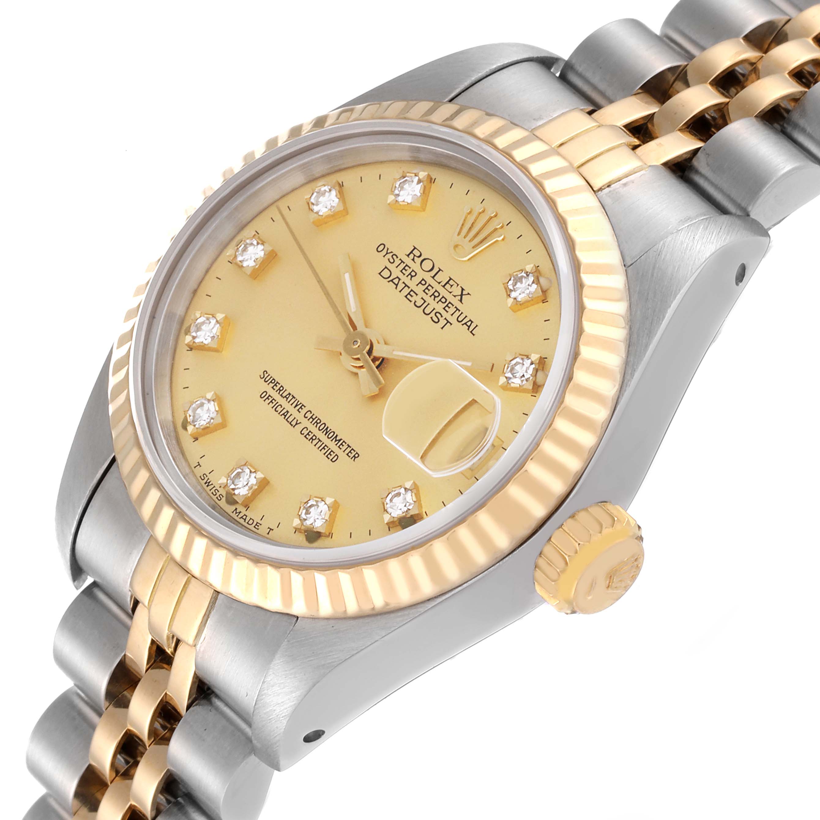 This image shows a Rolex Datejust 69173 Women's Steel and Gold (two tone) Champagne Dial 69173 Women's Steel and Gold (two tone) Champagne Dial watch from an angle displaying the dial, bezel, crown, and part of the bracelet.