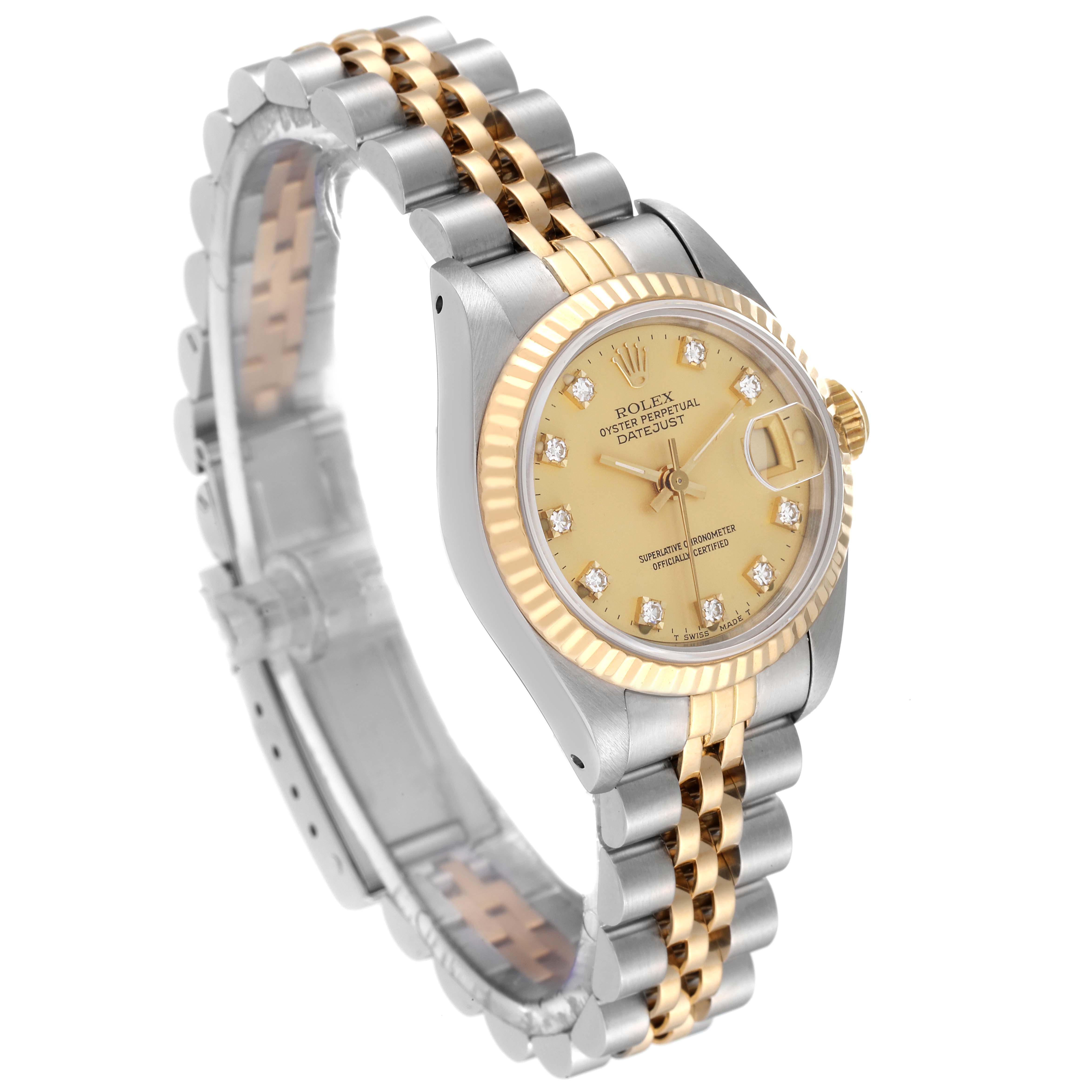 The image shows a Rolex Datejust 69173 Women's Steel and Gold (two tone) Champagne Dial 69173 Women's Steel and Gold (two tone) Champagne Dial watch at a three-quarter angle, highlighting its two-tone bracelet and diamond-encrusted dial.