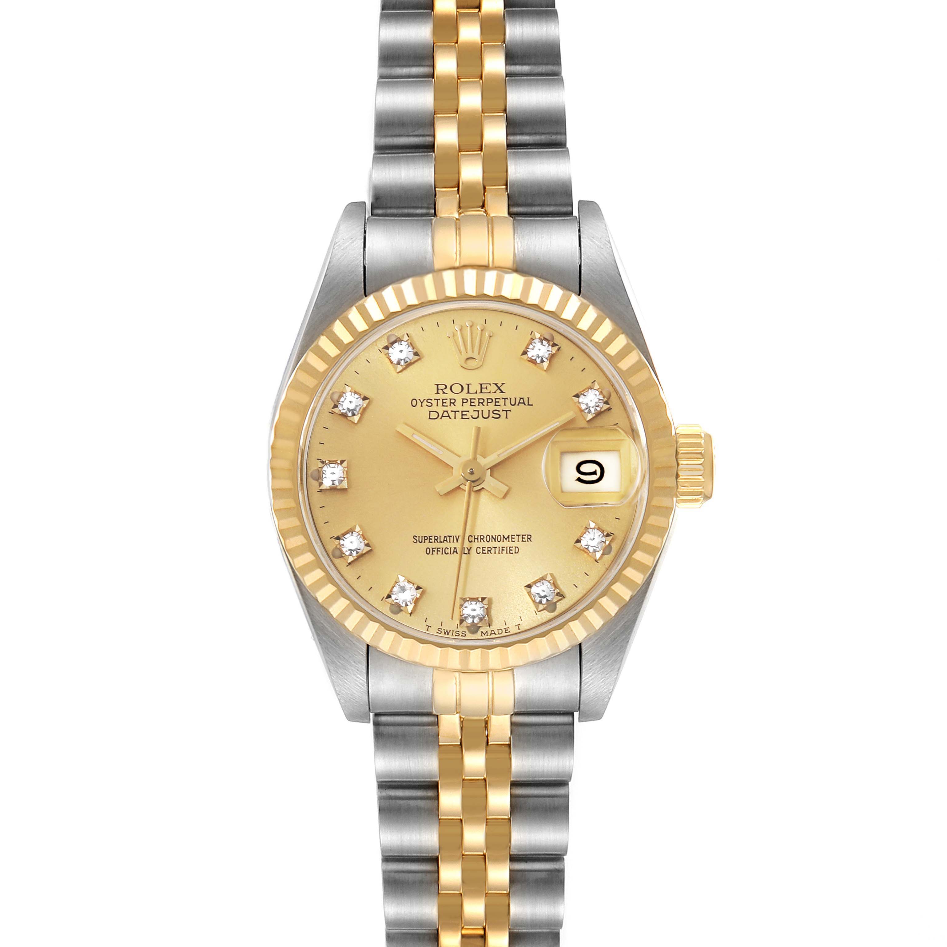 The image shows a front view of the Rolex Datejust 69173 Women's Steel and Gold (two tone) Champagne Dial 69173 Women's Steel and Gold (two tone) Champagne Dial watch, highlighting the dial, bezel, and two-tone bracelet.