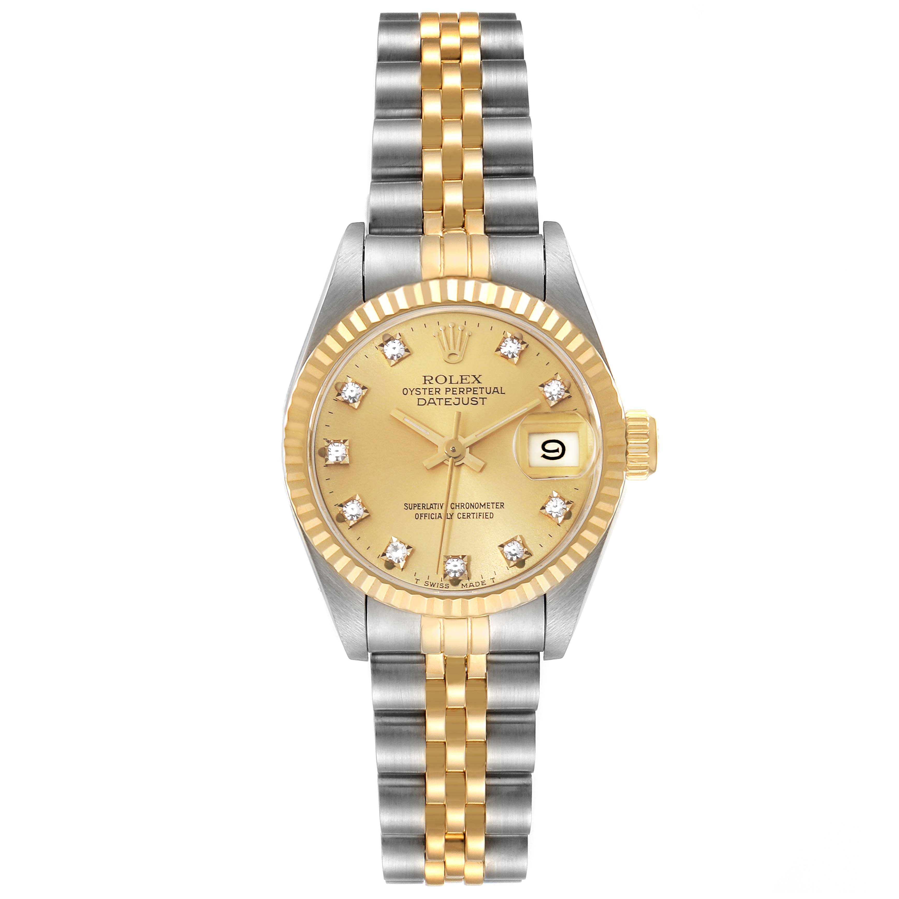 The image shows a Rolex Datejust 69173 Women's Steel and Gold (two tone) Champagne Dial 69173 Women's Steel and Gold (two tone) Champagne Dial watch from a front angle, featuring a bicolor bracelet and gold dial with diamond hour markers.