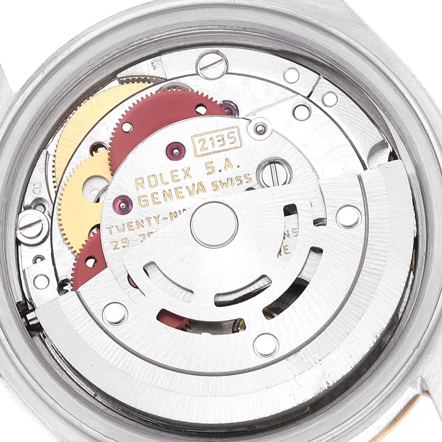This image shows a detailed close-up of the internal movement mechanism of a Rolex Datejust 69173 Women's Steel and Gold (two tone) Champagne Dial 69173 Women's Steel and Gold (two tone) Champagne Dial watch.