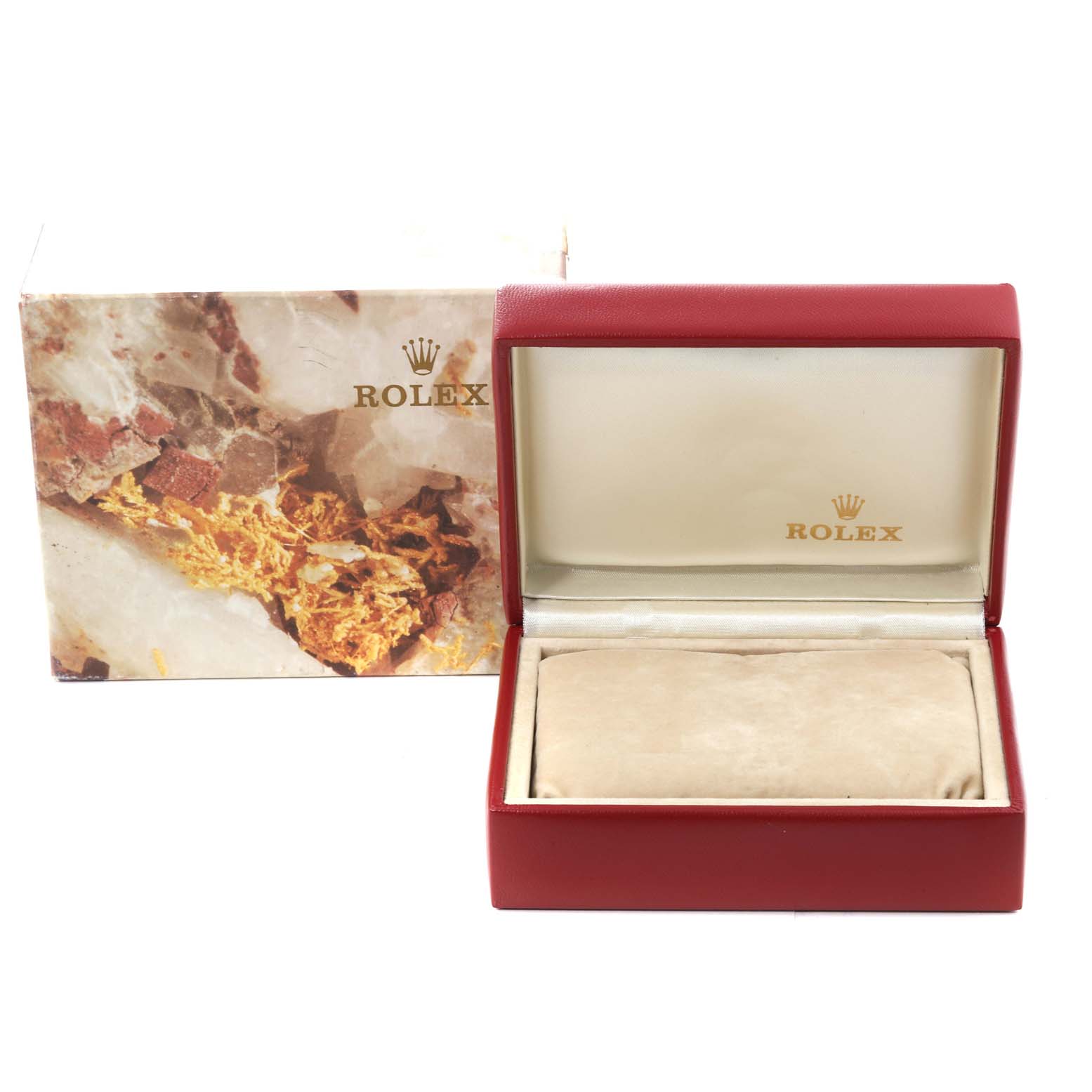 The image shows a Rolex Datejust 69173 Women's Steel and Gold (two tone) Champagne Dial 69173 Women's Steel and Gold (two tone) Champagne Dial watch box, including an outer cardboard box with a mineral design, and an inner red leather case.