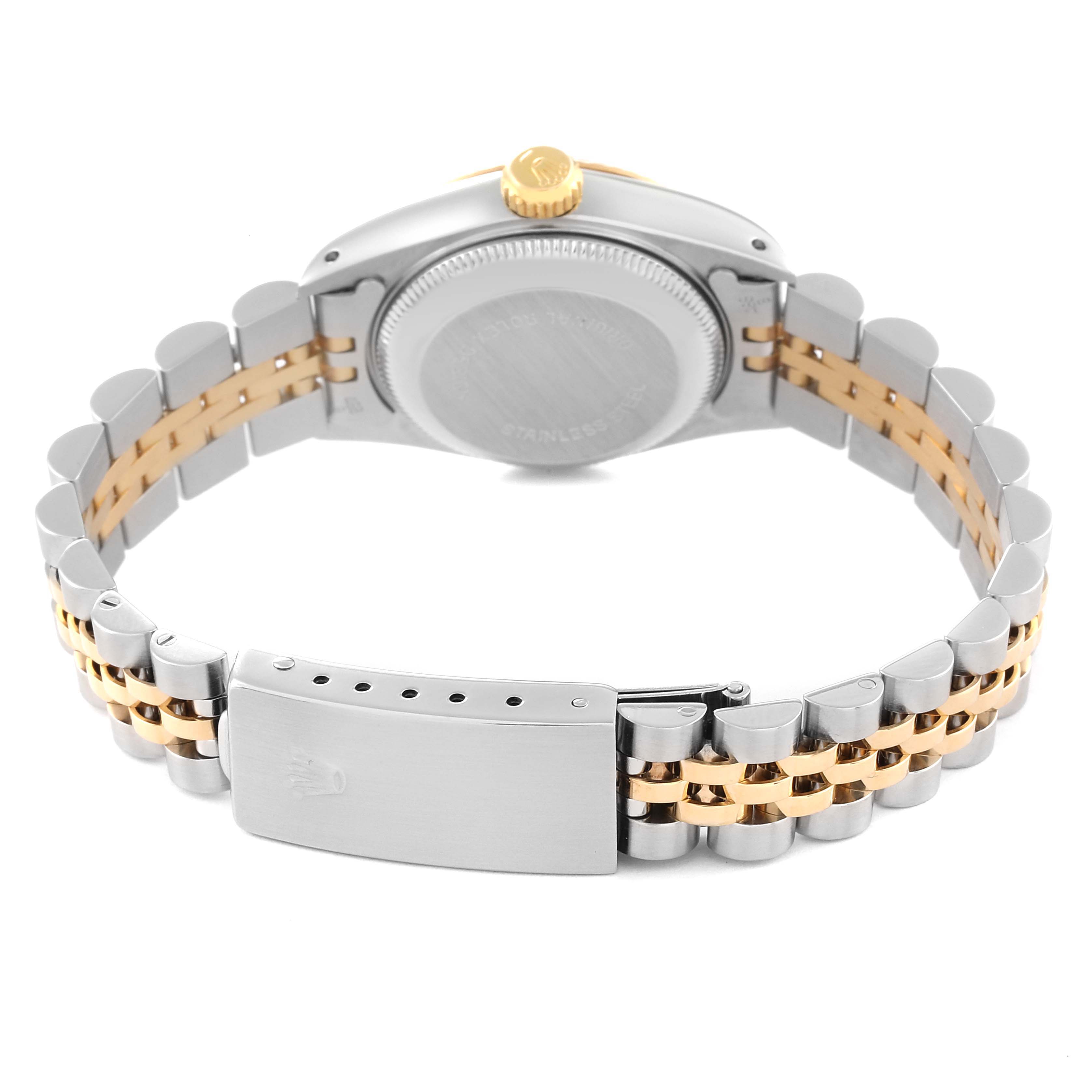 This image shows the back view of a Rolex Datejust 69173 Women's Steel and Gold (two tone) Champagne Dial 69173 Women's Steel and Gold (two tone) Champagne Dial model, highlighting the clasp, bracelet, and case back.