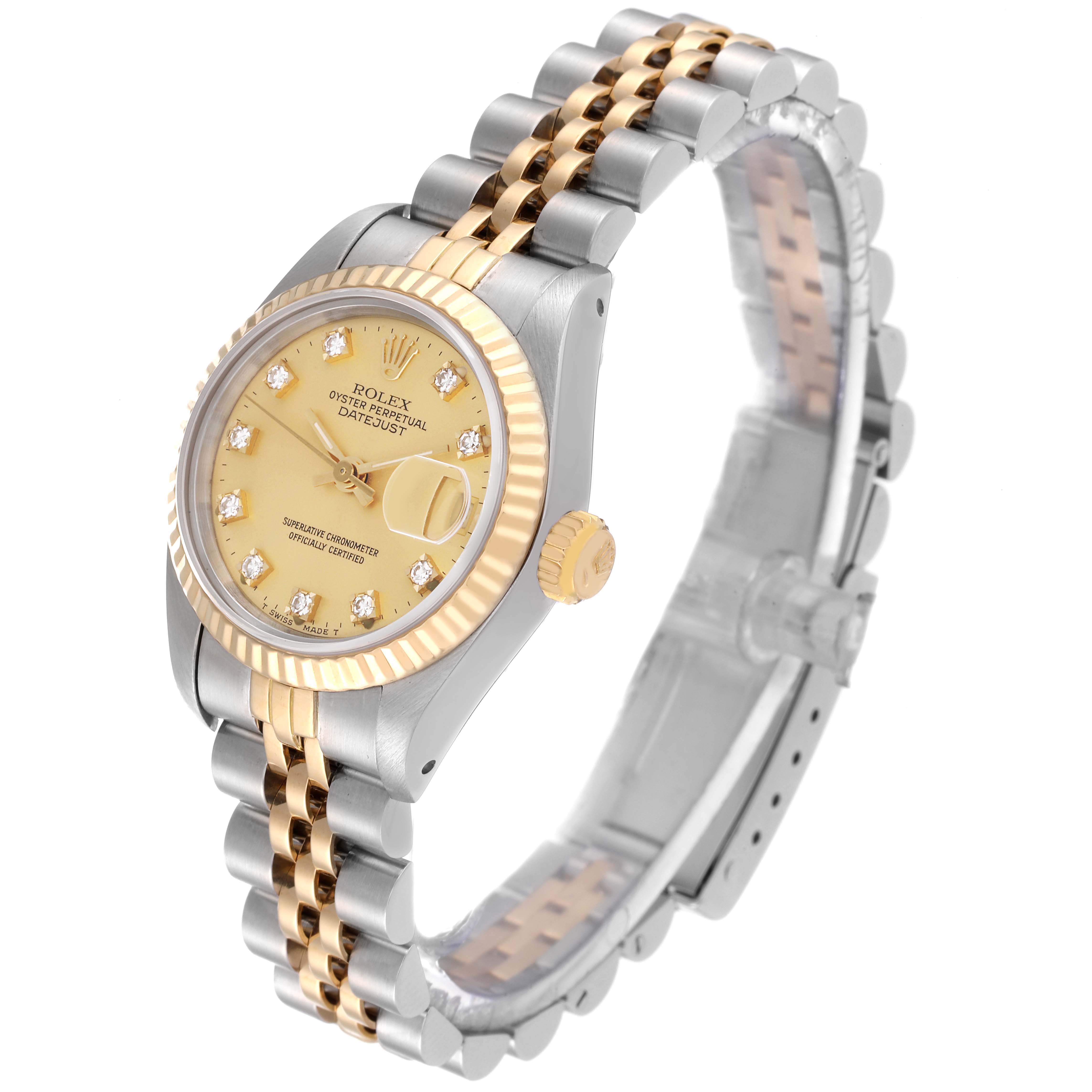 The image shows a Rolex Datejust 69173 Women's Steel and Gold (two tone) Champagne Dial 69173 Women's Steel and Gold (two tone) Champagne Dial watch from an angled side view, highlighting its face, bezel, and bracelet.