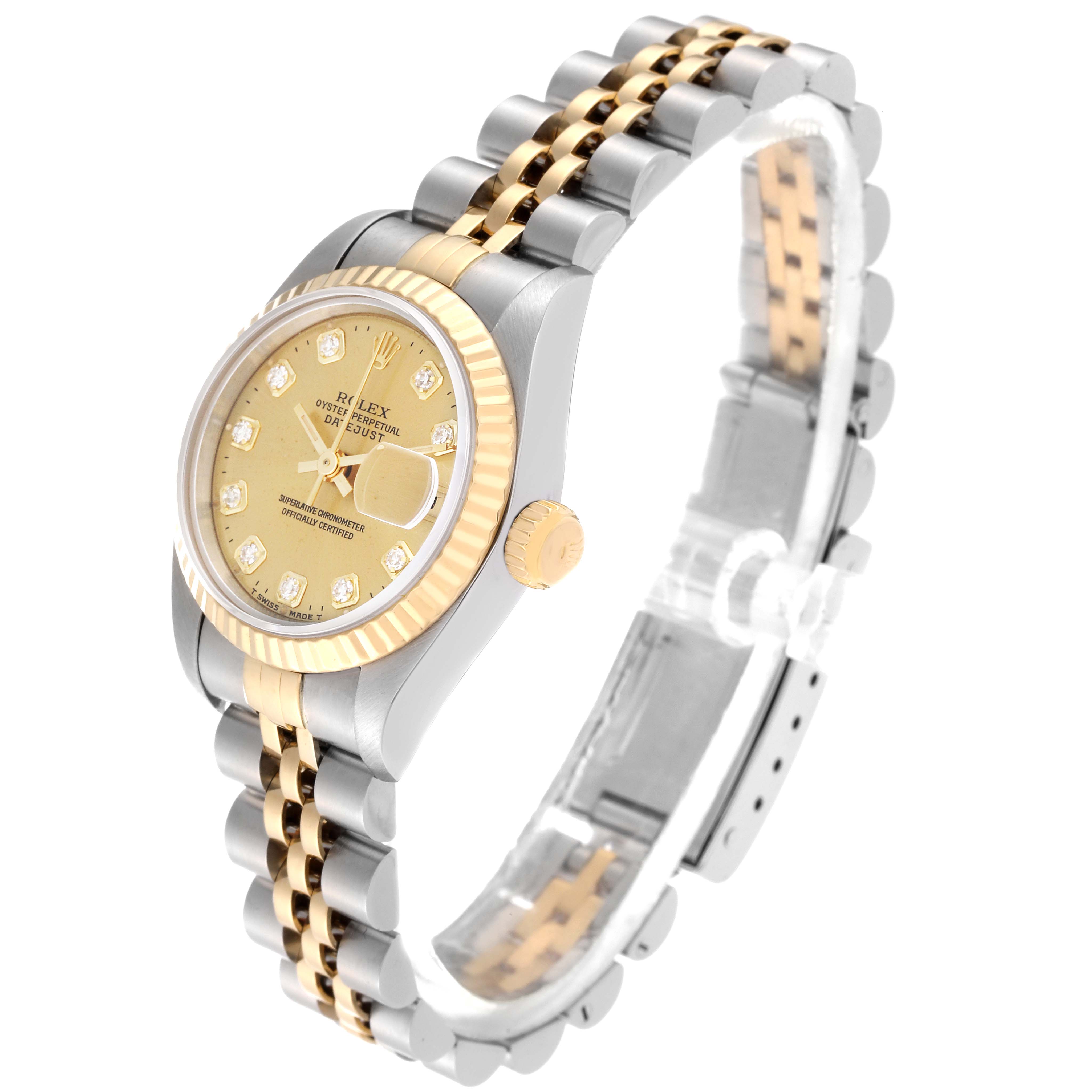 This is a side-angle view of a Rolex Datejust 69173 Women's Steel and Gold (two tone) Champagne Dial 69173 Women's Steel and Gold (two tone) Champagne Dial watch displaying its gold dial, fluted bezel, crown, and two-tone bracelet.