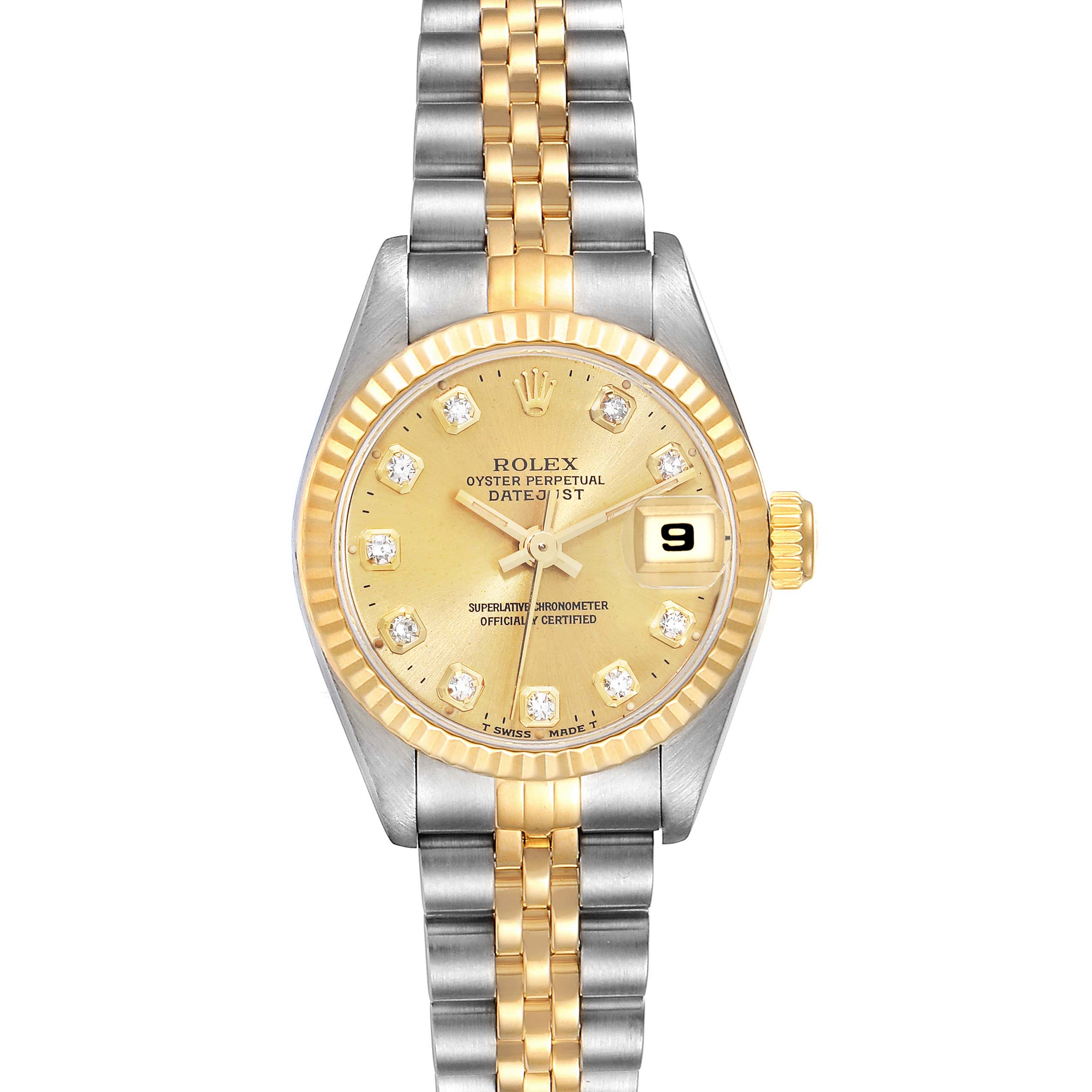 The Rolex Datejust 69173 Women's Steel and Gold (two tone) Champagne Dial 69173 Women's Steel and Gold (two tone) Champagne Dial watch is shown from a front angle, displaying its face, bezel, and two-tone bracelet.
