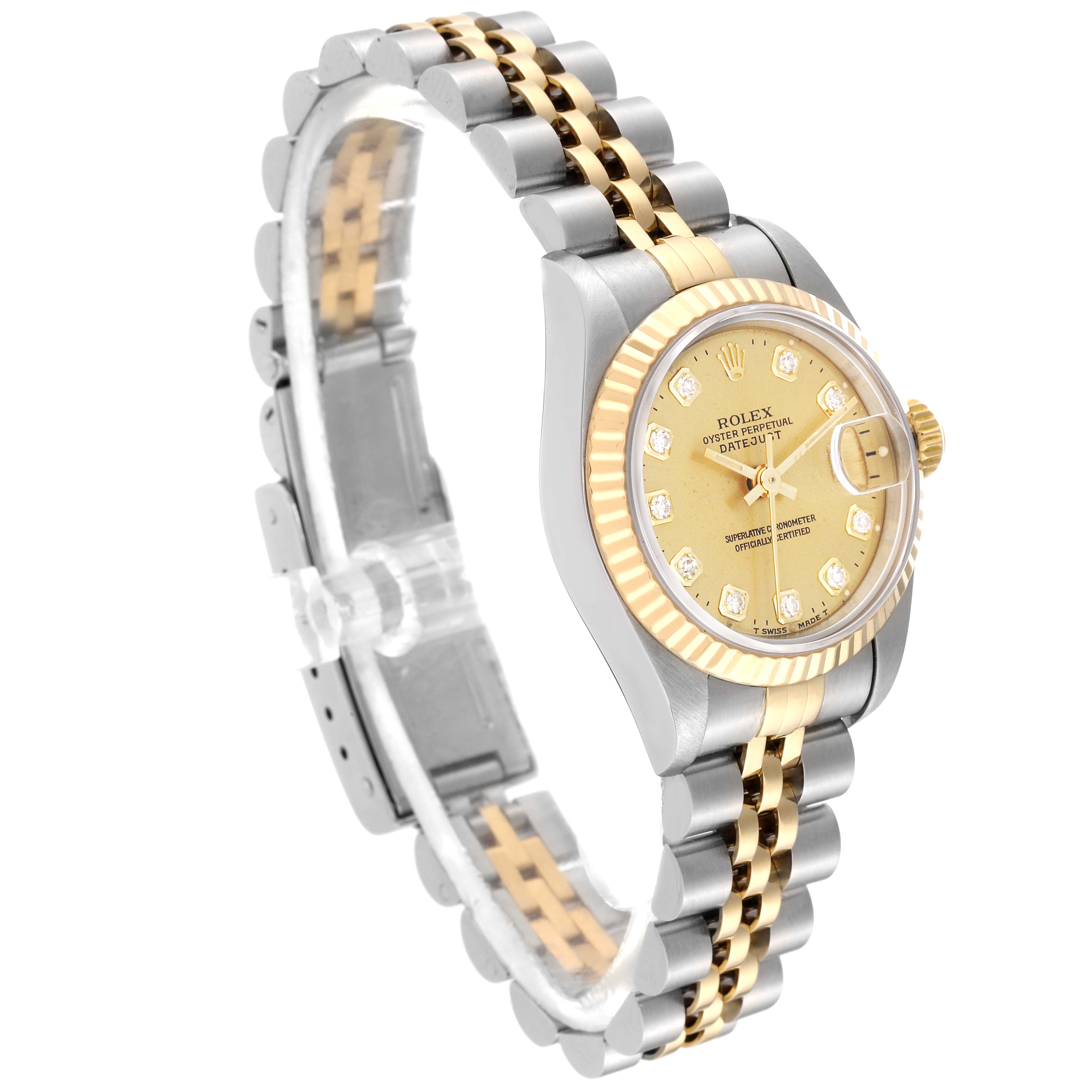The image shows a Rolex Datejust 69173 Women's Steel and Gold (two tone) Champagne Dial 69173 Women's Steel and Gold (two tone) Champagne Dial watch at a three-quarter angle, highlighting the bracelet, dial, and bezel.