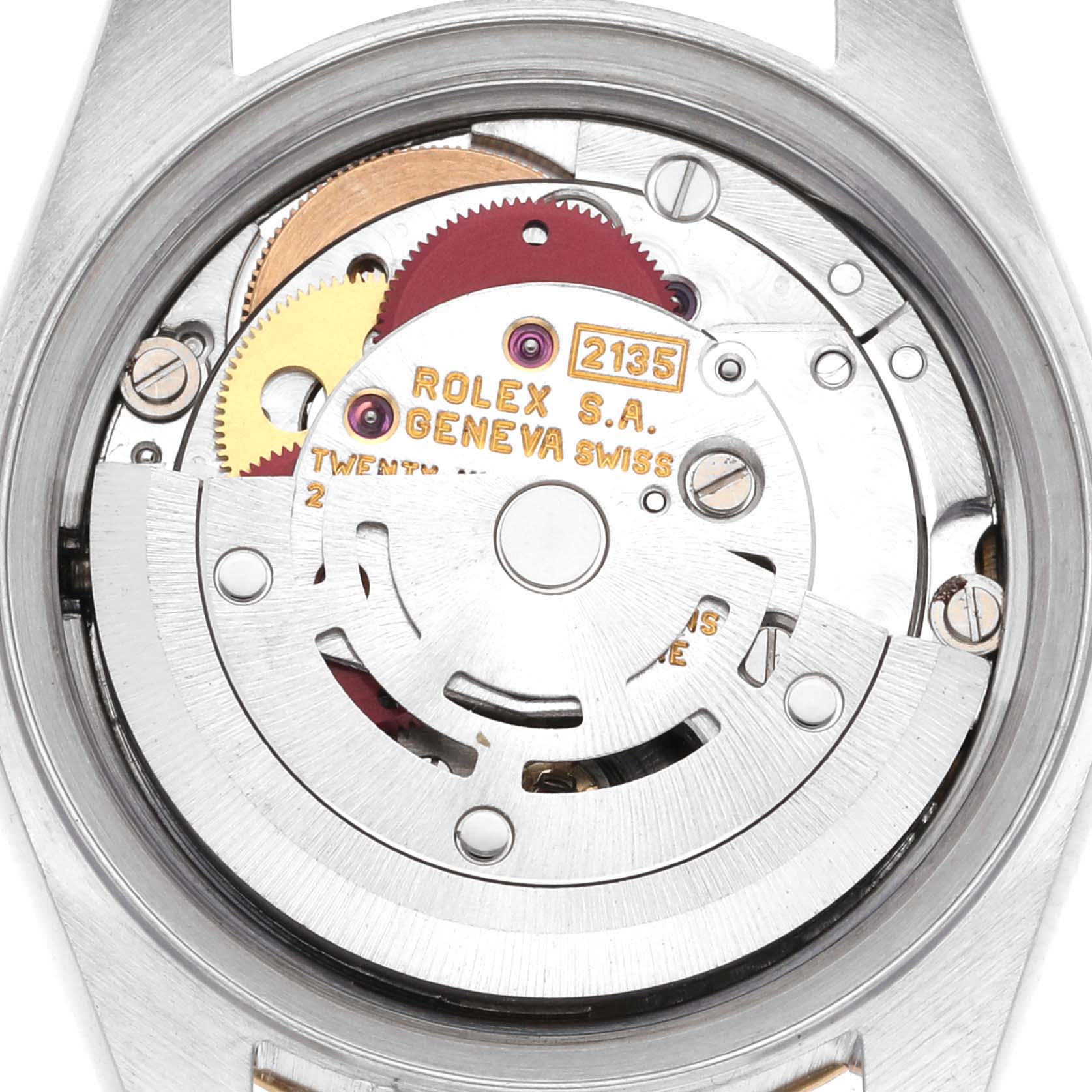 This image shows the internal mechanism and movement parts of a Rolex Datejust 69173 Women's Steel and Gold (two tone) Champagne Dial 69173 Women's Steel and Gold (two tone) Champagne Dial watch from an overhead angle.